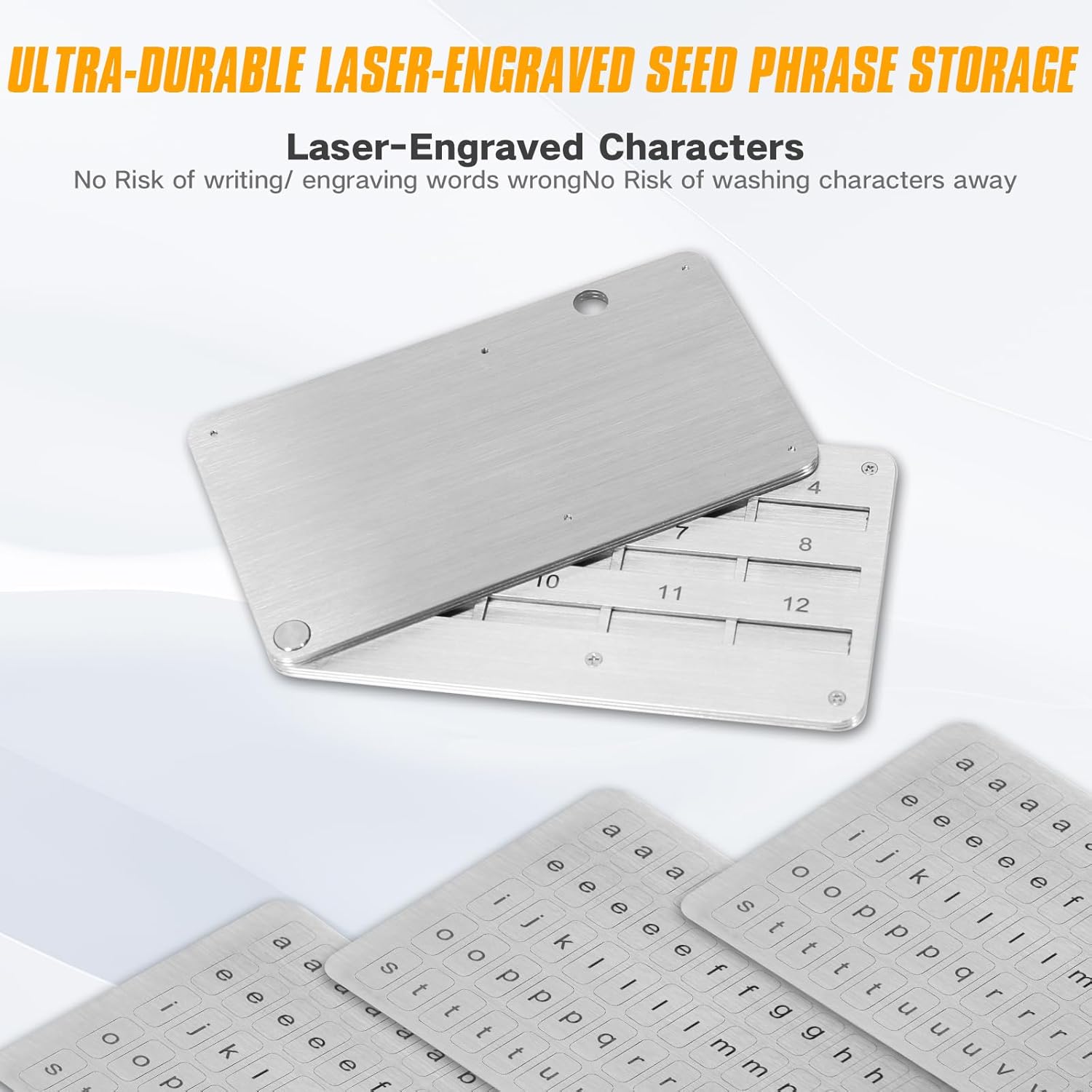 Crypto Seed Phrase Storage-Laser Engraved Stainless Steel Metal Seed Phrase Plate for BIP39 Wallets,Fireproof & Waterproof Cold Storage Backup,Compatible with Ledger, Trezor, KeepKey (12/18/24 Word)