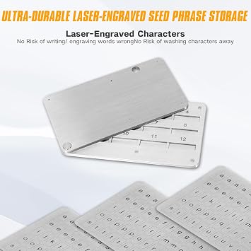 Crypto Seed Phrase Storage-Laser Engraved Stainless Steel Metal Seed Phrase Plate for BIP39 Wallets,Fireproof & Waterproof Cold Storage Backup,Compatible with Ledger, Trezor, KeepKey (12/18/24 Word)