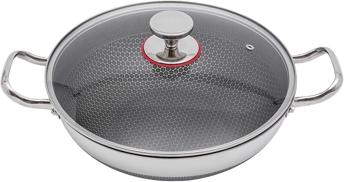 Nonstick Deep Frying Pan with Glass Lid, 316 Stainless Steel Deep Skillet for Induction, Gas, Ceramic and Electric Stovetops, Two Handle Hold, Silver
