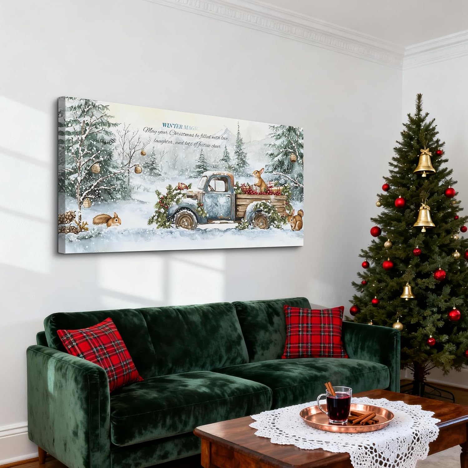Craftline Vintage Christmas Truck Canvas Wall Art Rustic Blue Pickup Vehicle with Squirrels Rabbit Gifts Pictures Winter Snowy Pine Trees Landscape Poster Prints Holiday Artwork For Living Room 32x16”