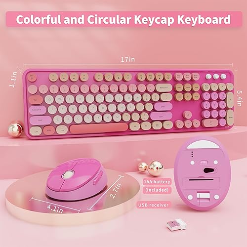 Vista 64 de Combo de teclado y mouse inalámbricos, colorido teclado ergonómico de tamaño completo con diseño retro, silencioso, con teclas bonitas, compatible