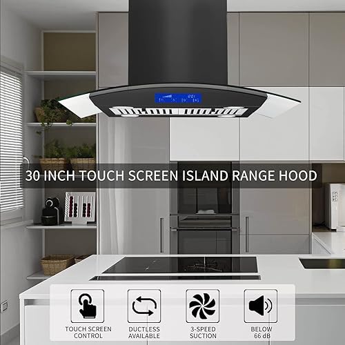 Miniatura 2 de JOEAONZ Campana extractora de isla de 30 pulgadas, color negro, 700 CFM, convertible, campana de ventilación de montaje en techo con vidrio
