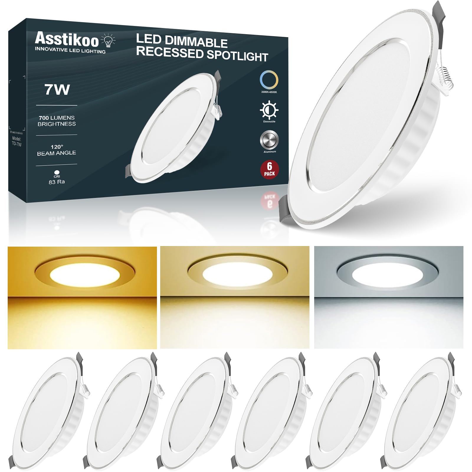 Asstikoo Einbaustrahler LED Dimmbar, 230V 3000K-6500K Ultra Flach Aluminium Einbauleuchten, 7W 700LM Deckenstrahler, 80-100mm EinbauØ LED Spots, 30mm Einbautiefe IP44 Decken Spot- 6er Set (Weiß - 7W)