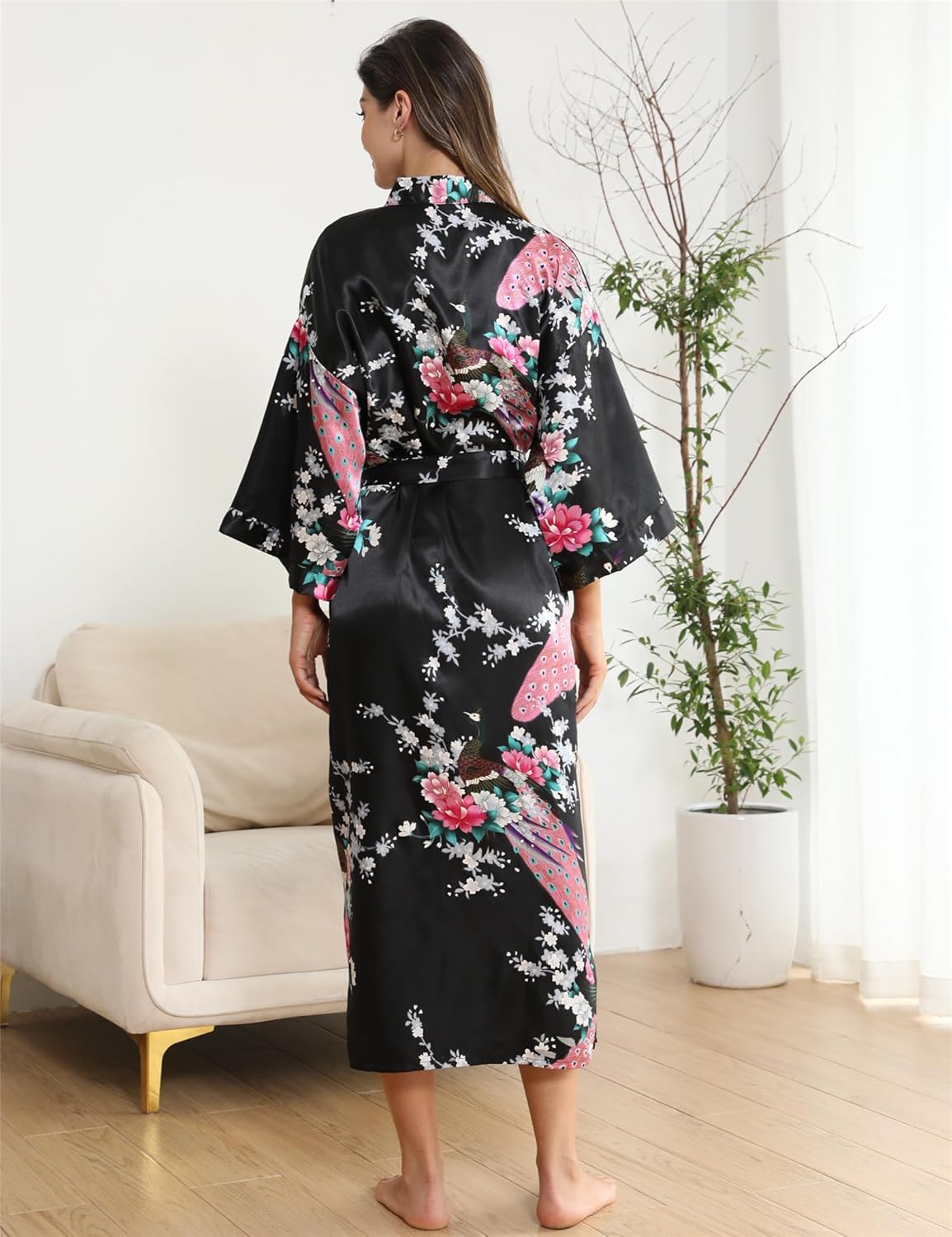 Women's Satin Kimono Robe Floral Long Silky Robes Bridal Kimonos Bridesmaid Party Dressing Gown - Image 2