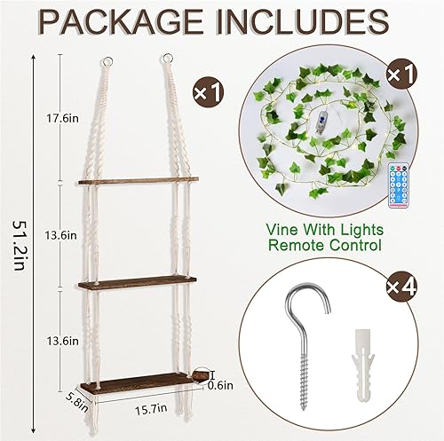 Miniatura 7 de Estante colgante con luces de vid, estante de pared para plantas de macramé, almacenamiento de pared con cuerdas tejidas hechas a mano, estante