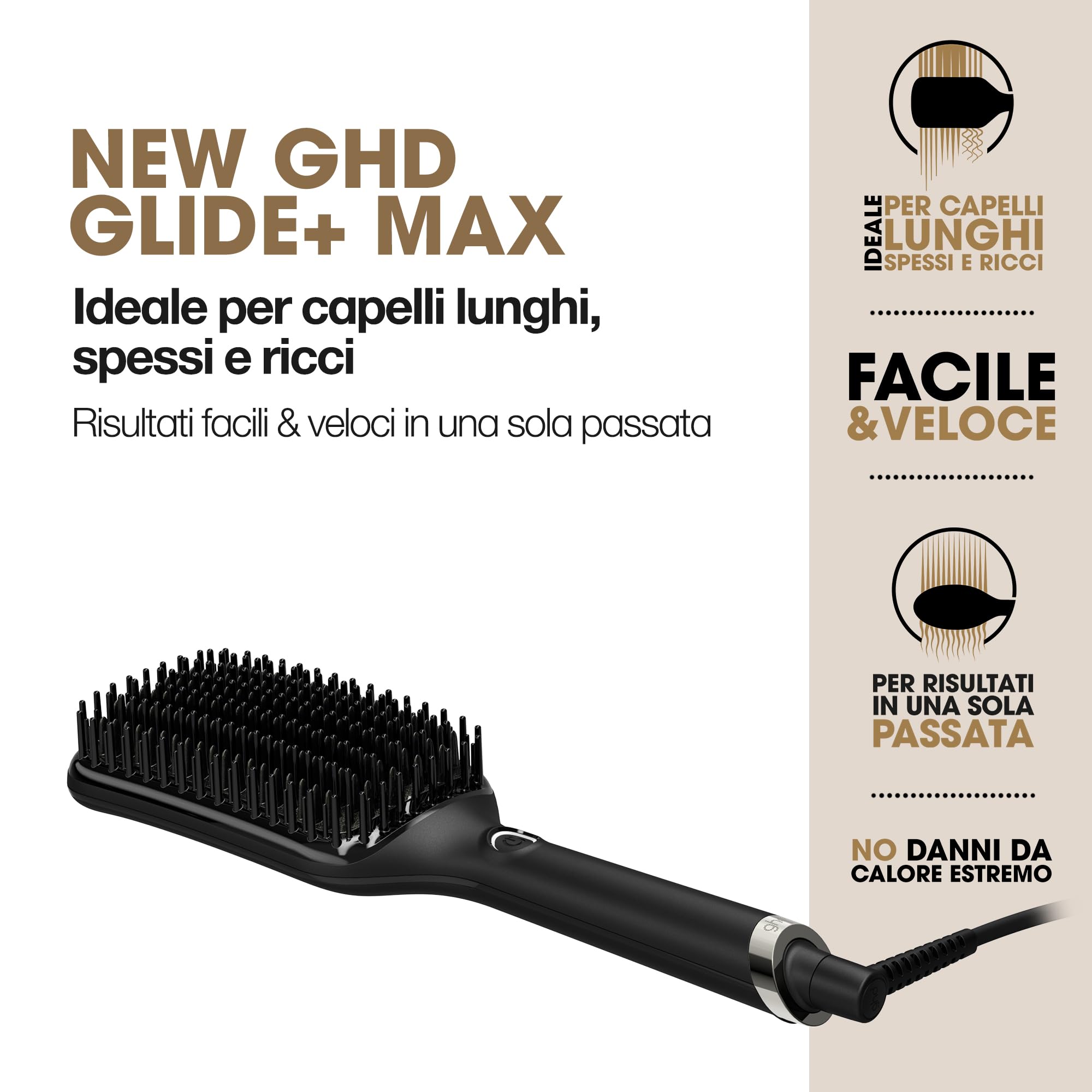 ghd glide+ Max, Spazzola Lisciante per Capelli Lunghi, Spessi e Ricci, Nera | 57% di luminosità in più, Zero Danni da Calore Estremo, Tecnologia di Riscaldamento in Ceramica e Ionizzatore Anti Crespo