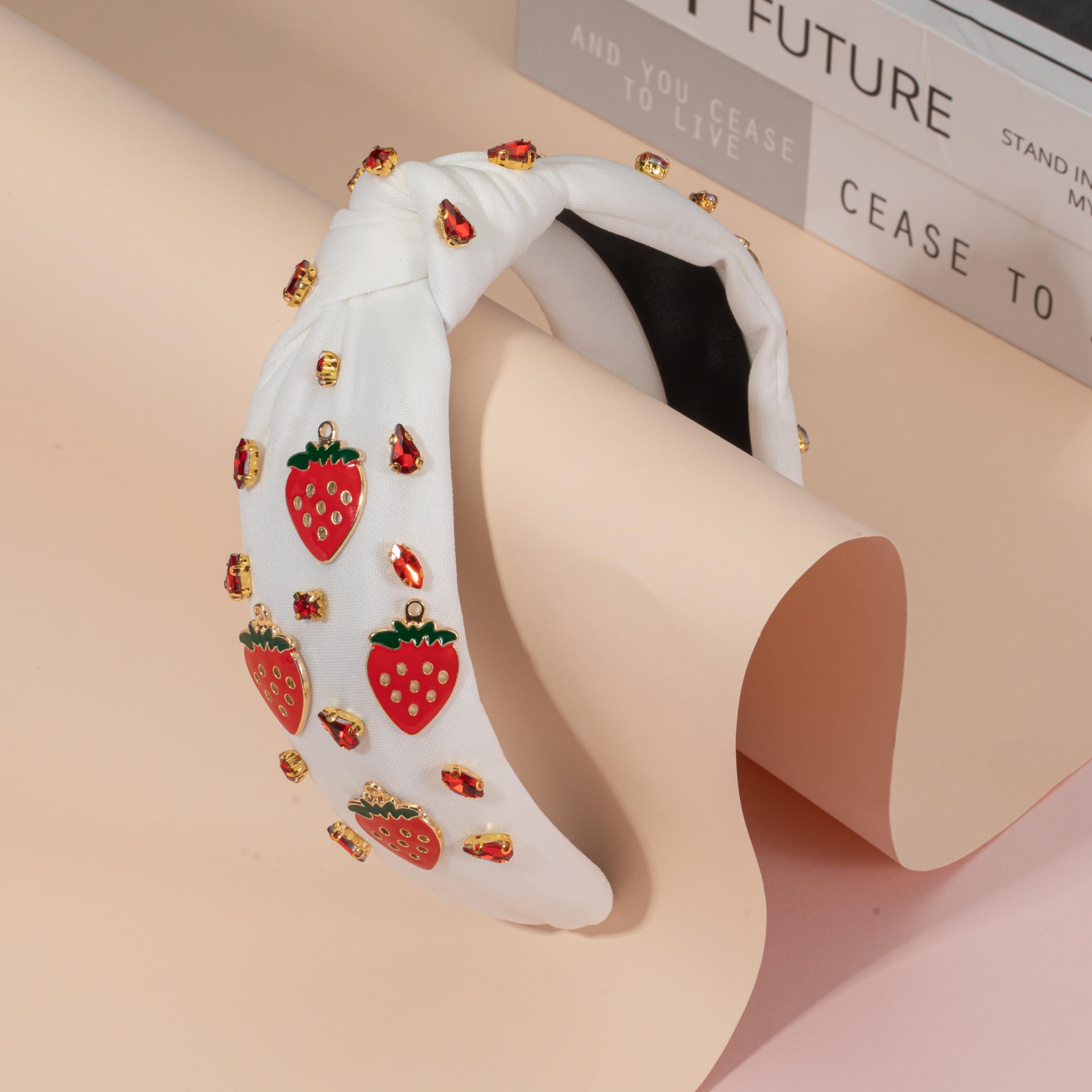 Serre-tête noué en forme de fraise en cristal rouge scintillant pour femmes et filles - Accessoires pour cheveux - Accessoires de vacances d'été, plage, piscine, fête - Cadeaux (fraise-blanc)