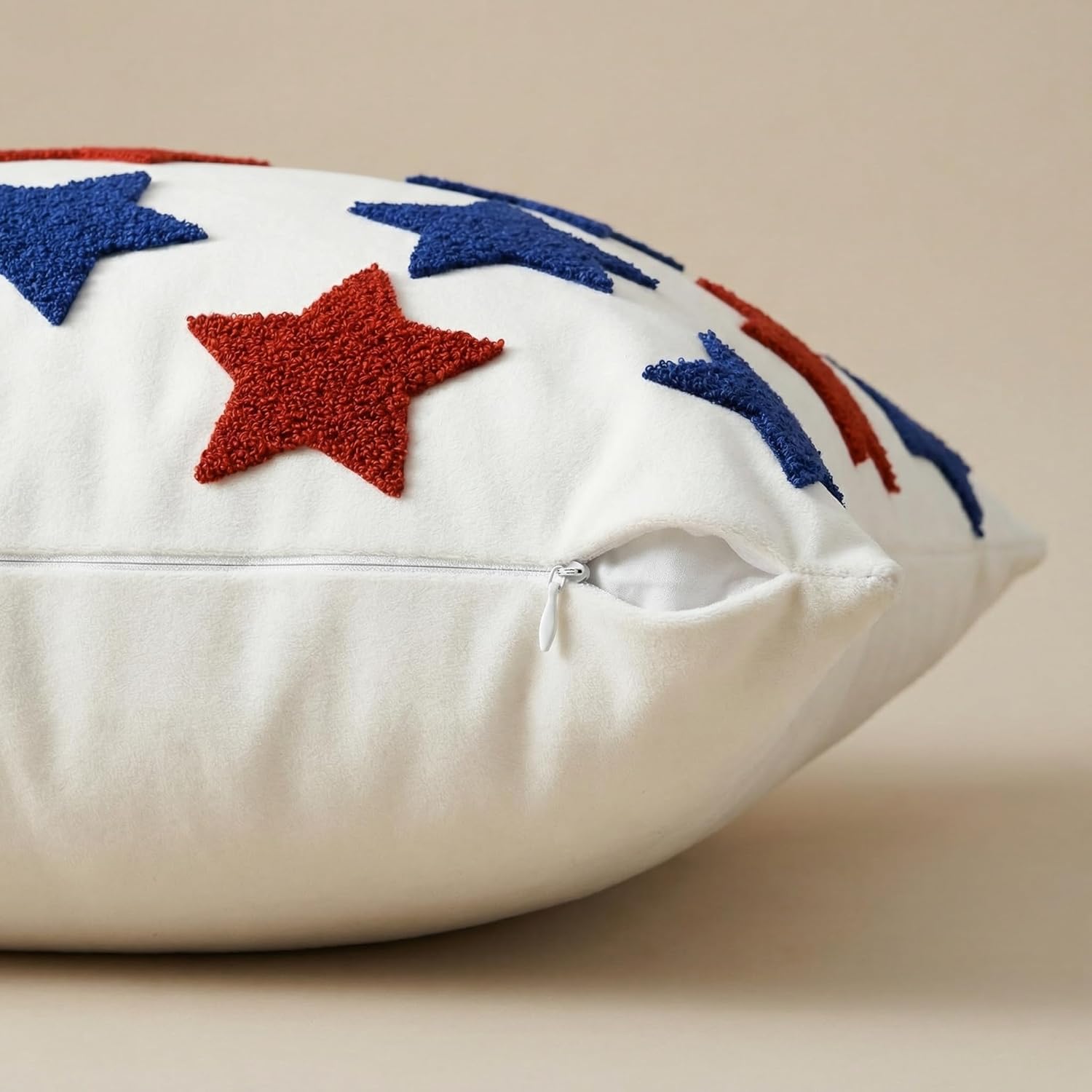 AVOIN colorlife 4th of July Patriotic Red Blue Stars Embroidered Throw Pillow Covers, 18 x 18 Inch Independence Day Decor Tufted Patterned Linen Cushion Case for Sofa Couch Set of 2