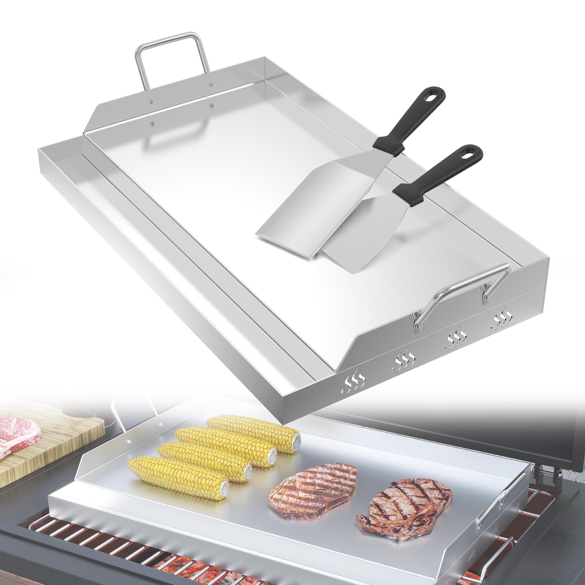 YRHome Plancha Płyta grillowa, 58 x 32 x 7 cm, ze stali nierdzewnej, 4 mm, blacha do grillowania na gaz i węgiel drzewny, z szpachelką do grilla i skrobakiem – odporna na wysokie temperatury
