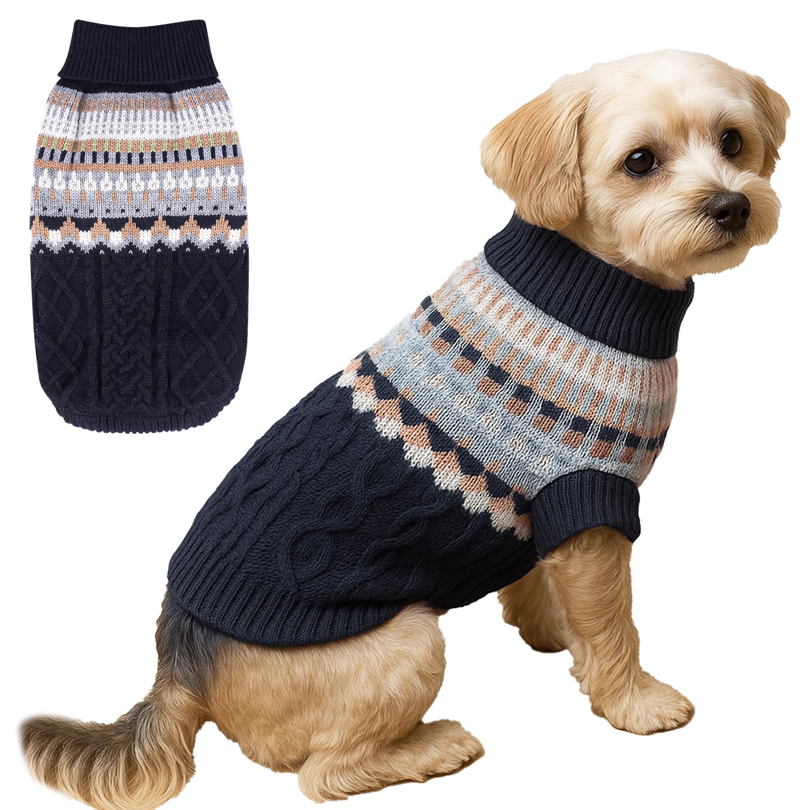 Fnaobai Knit Dog Sweater Turtleneck Cat Cold Weather Pullover Pet Vintage Cable Thick Warm Winter Clothes for X Small Dogs Cats Medium Pug Dachshund Yorkie (Navy, L)