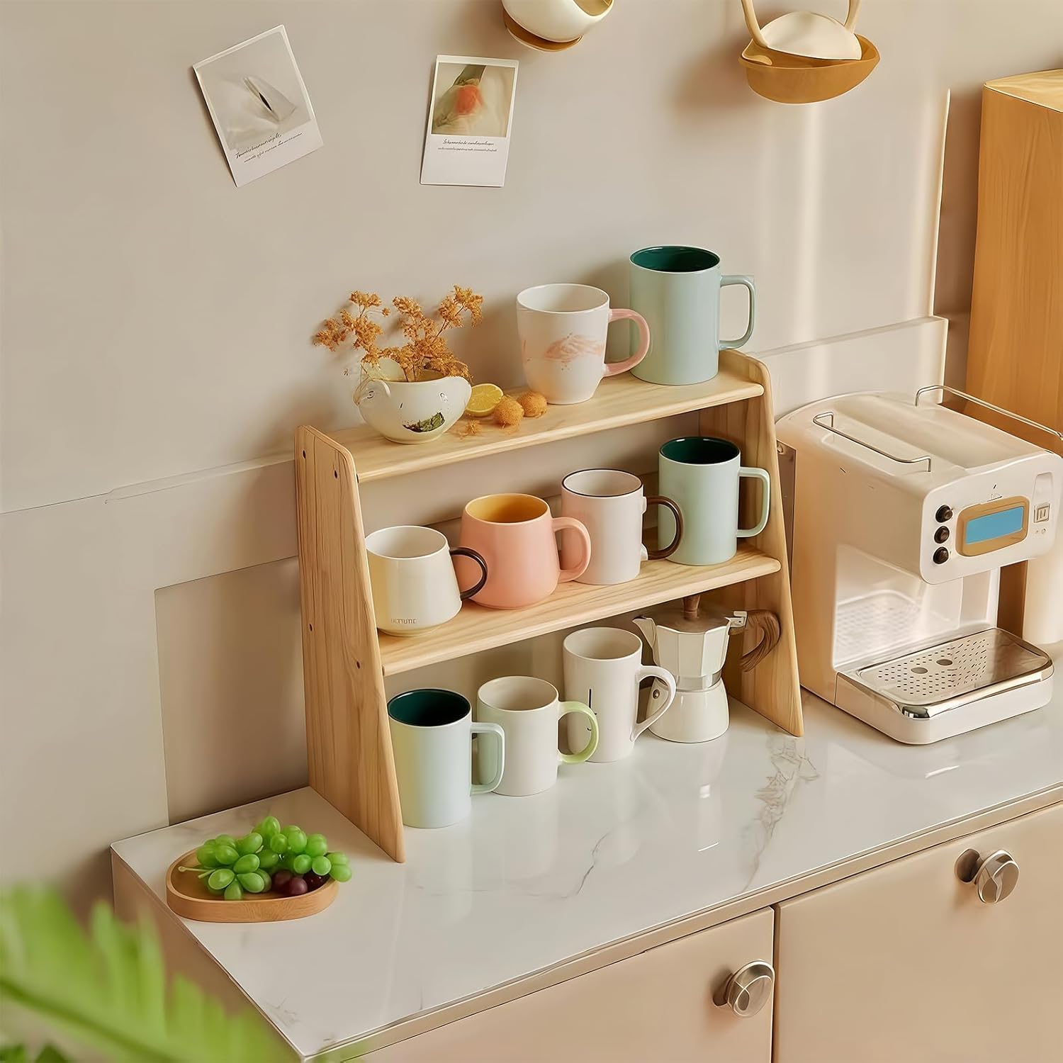 Kaffeestation Organizer, Holz Arbeitsplatte Regal für Tee Kaffee Bar Zubehör, Küche Lagerregal für Tassen, Pods und Gewürze, Kleiner Matcha-Ständer für Zuhause oder Büro