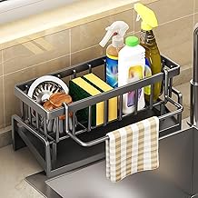Cisily Kitchen Sink Organizer Rack with Automatic Drain Tray | Stainless Steel Countertop Storage Holder for Sponges, Soap, Brushes & Dishwashing Liquid – Rustproof & Quick Dry Design