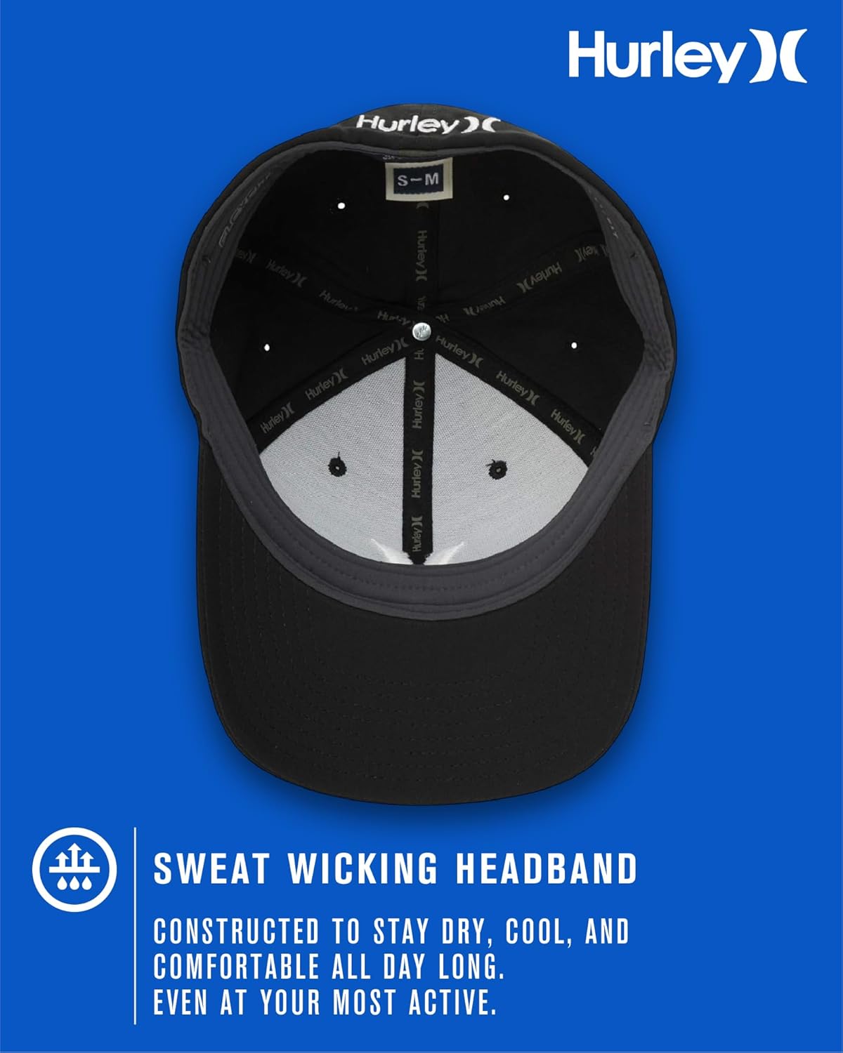 Hurley Mens Baseball Cap - Moisture Wicking Curved Brim Flexfit Fitted Hats for Men with H2O-Dri Sweatband (Sizes: S-XL) - Image 3