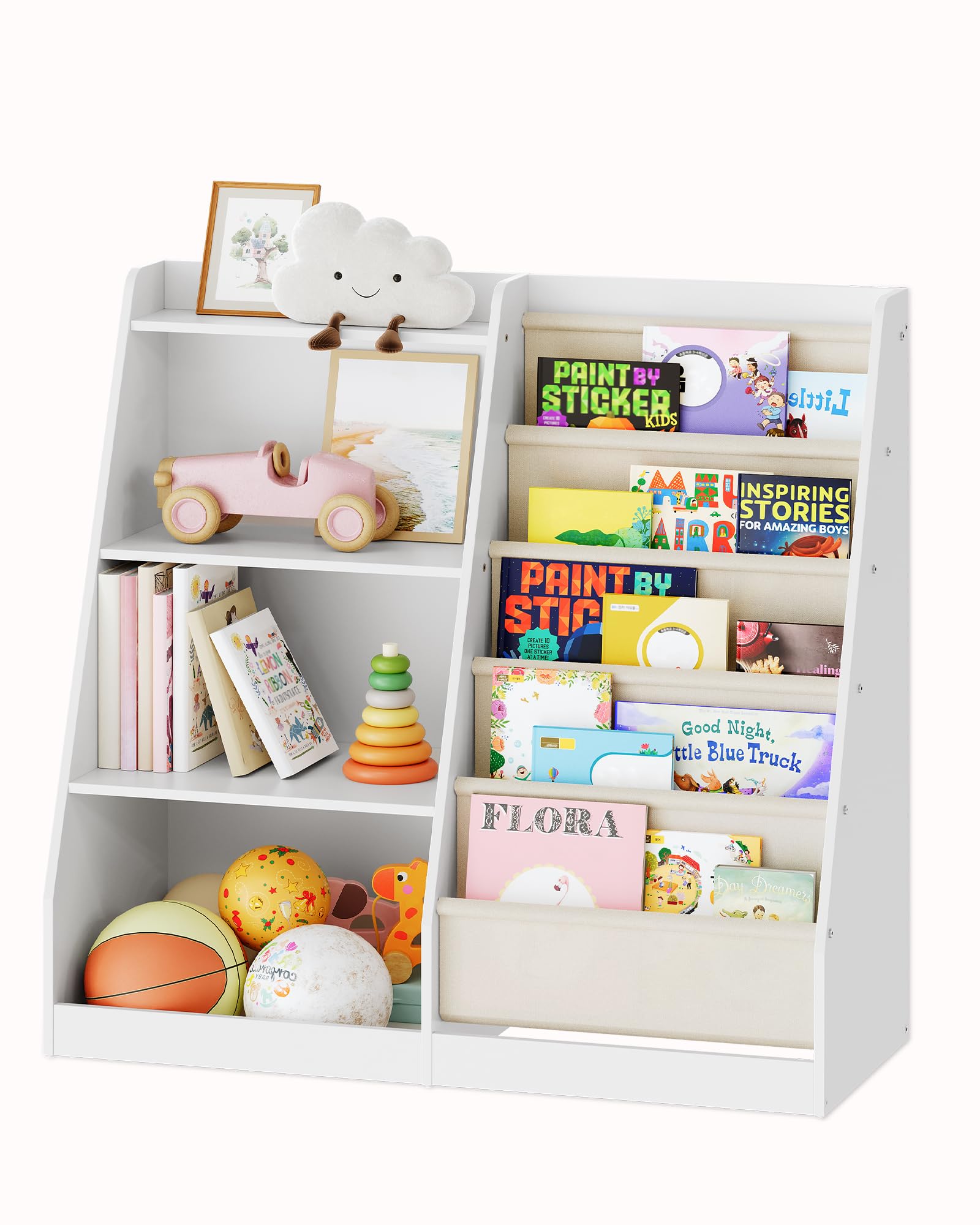 4-Tier Kids Bookshelf and Toy Storage, 6 Layer Fabric Montessori Toddler Bookshelf, Kids Toy Storage Organizer, Sling Kids Bookcase, for Playroom, Bedroom, Nursery, Classroom, White MCW05WT
