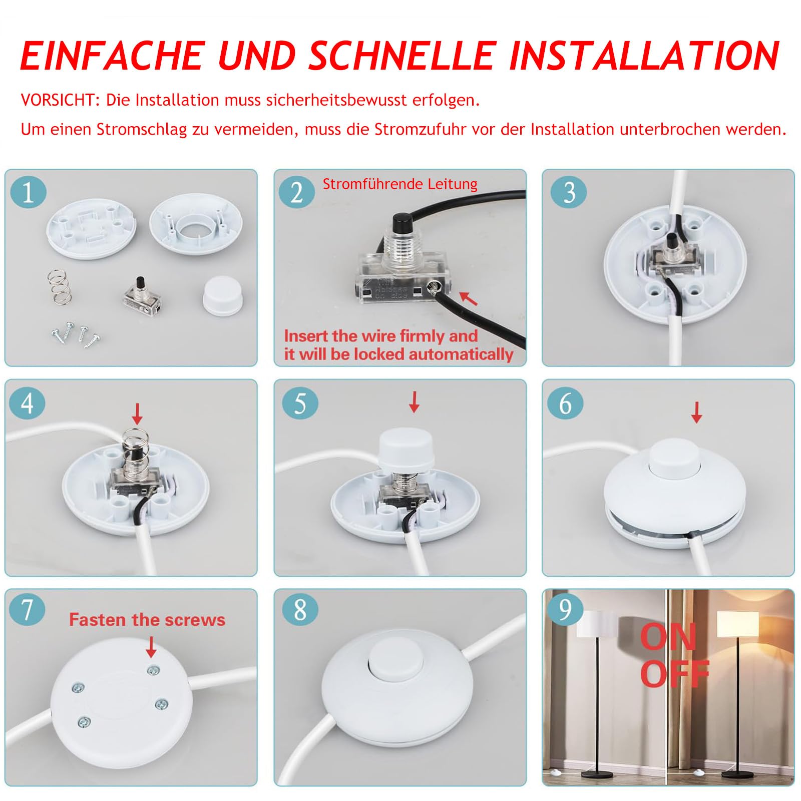 Powice Włącznik nożny, okrągły, biały, 3 A, 250 V, lampa stojąca, przełącznik pedału