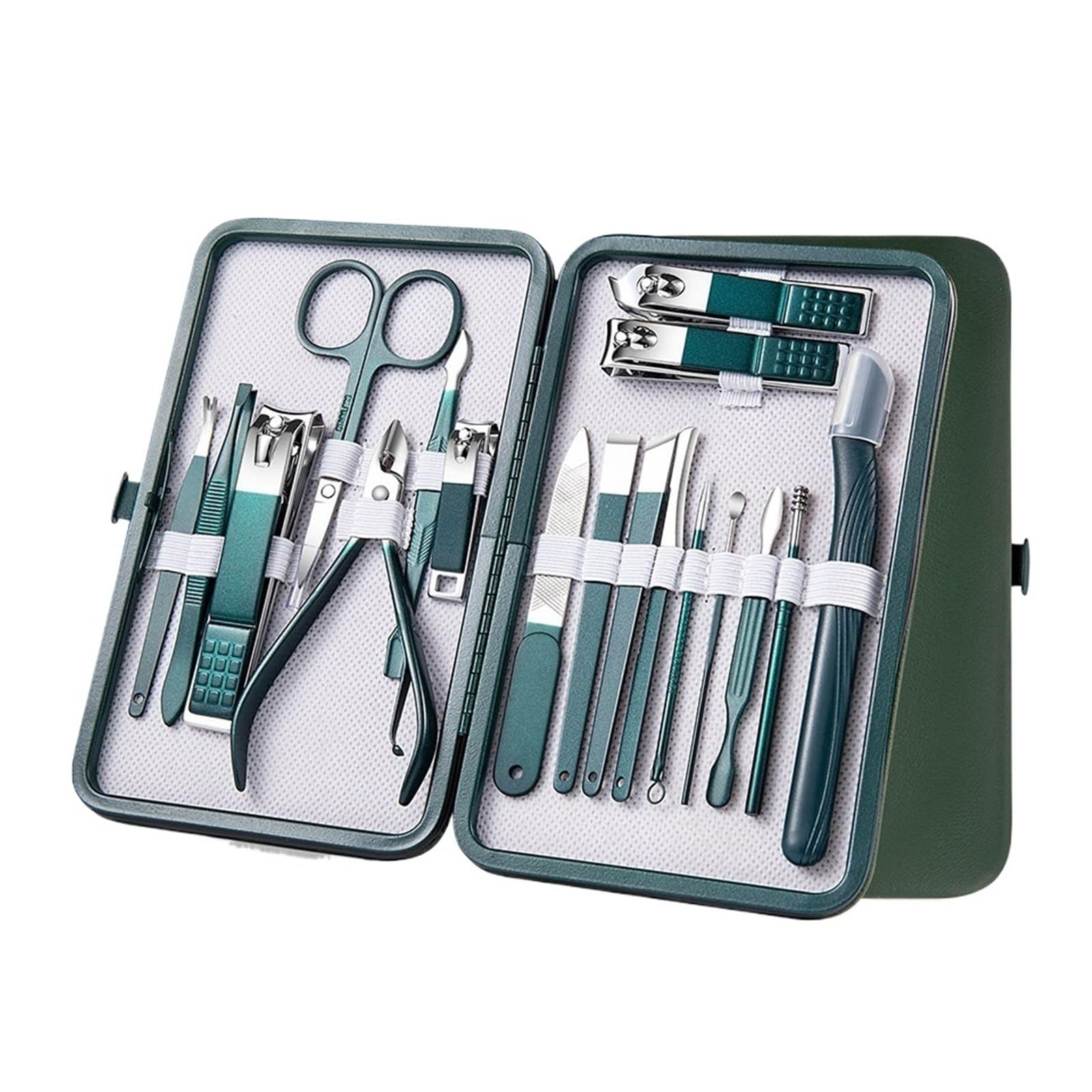 Juego de manicura 7 a 18 piezas, kit cortaúñas, herramientas cuidado acero inoxidable con estuche viaje cuero(Green 18 pcs set)