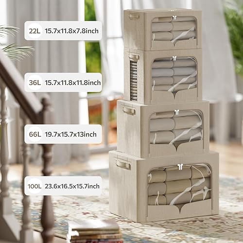 Miniatura 6 de FHSQX Paquete de 3 contenedores de almacenamiento de ropa plegables con marco de metal, caja de almacenamiento apilable, organizador de tela de lino