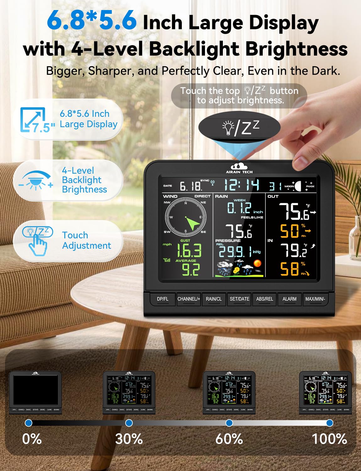 Wireless Weather Station, with Rain Gauge, Atomic Clock, Wind Speed/Direction, Indoor Temperature/Humidity, Barometer, Alarm Clock, Moon Phase, Weather Forecast, etc. (No WiFi) — Amazon image 7