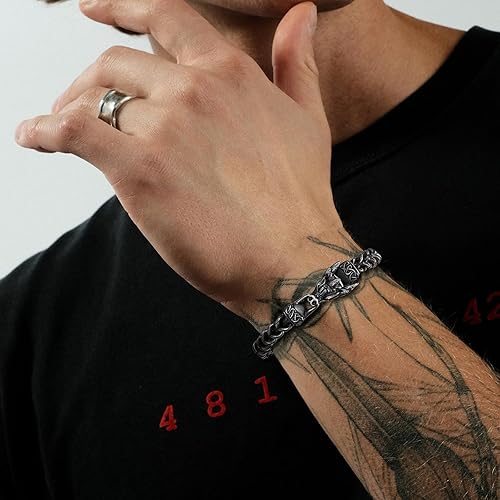 Miniatura 2 de Pulsera de dragón vikingo para hombre, cadena de eslabones cubanos de acero inoxidable 316L, 0.39 pulgadas de ancho, 8 pulgadas de largo, plata