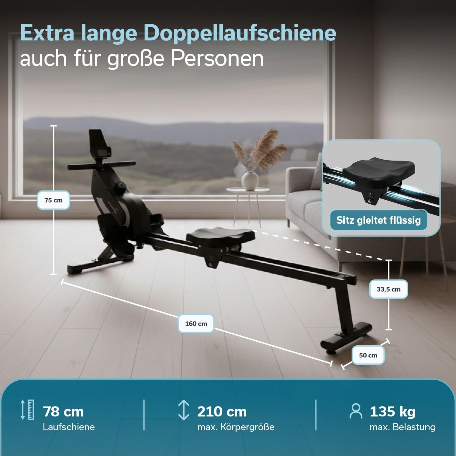 Skandika Vogatore per uso domestico Venn P5-M - resistenza magnetica - binario lungo | 16 livelli - Bluetooth - compatibile con l'app Kinomap - fino a 135 kg