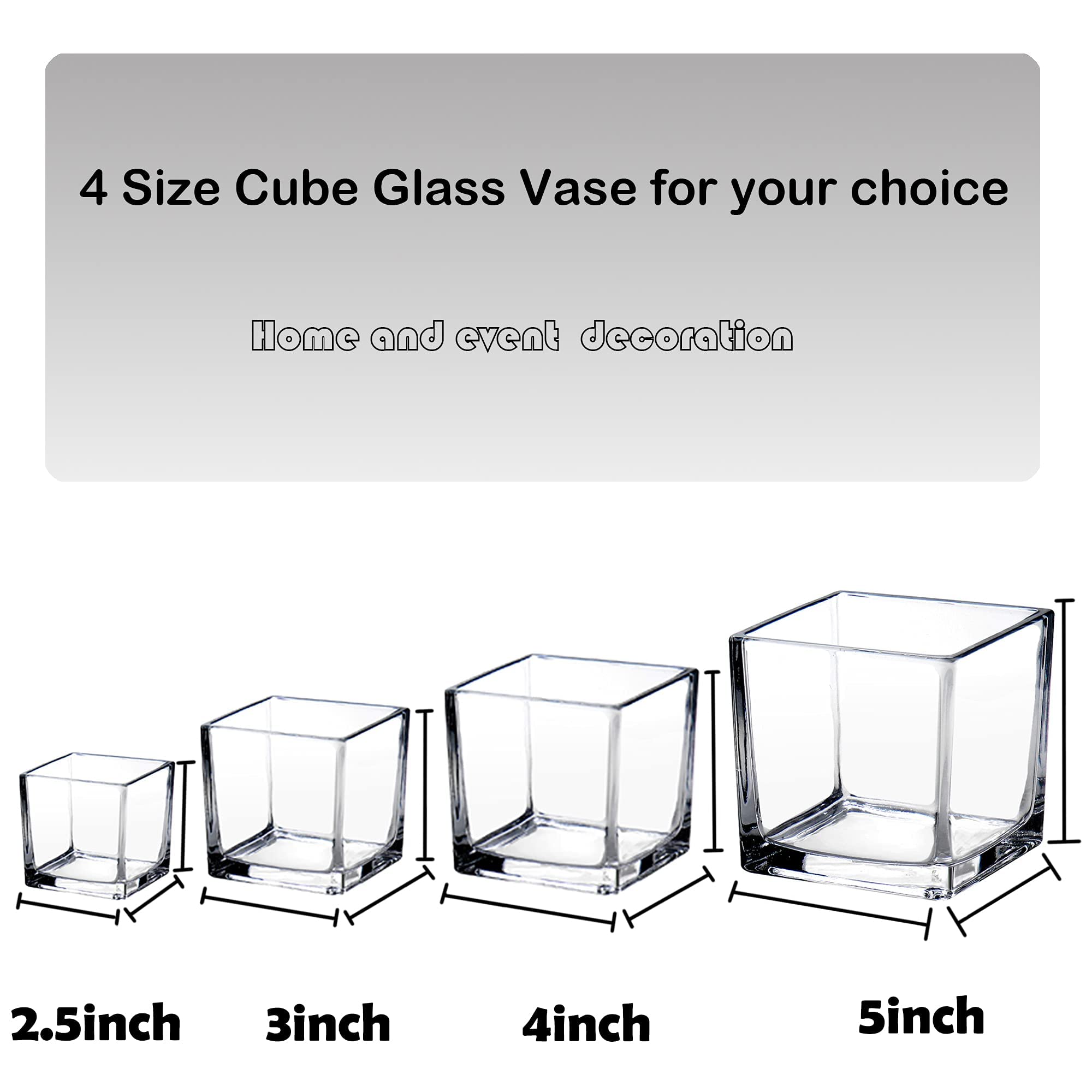 Square Glass Vases 4"x4" Clear Cube Flower Vase for Wedding Centerpiece Candle Holder Home Decor, Set of 4