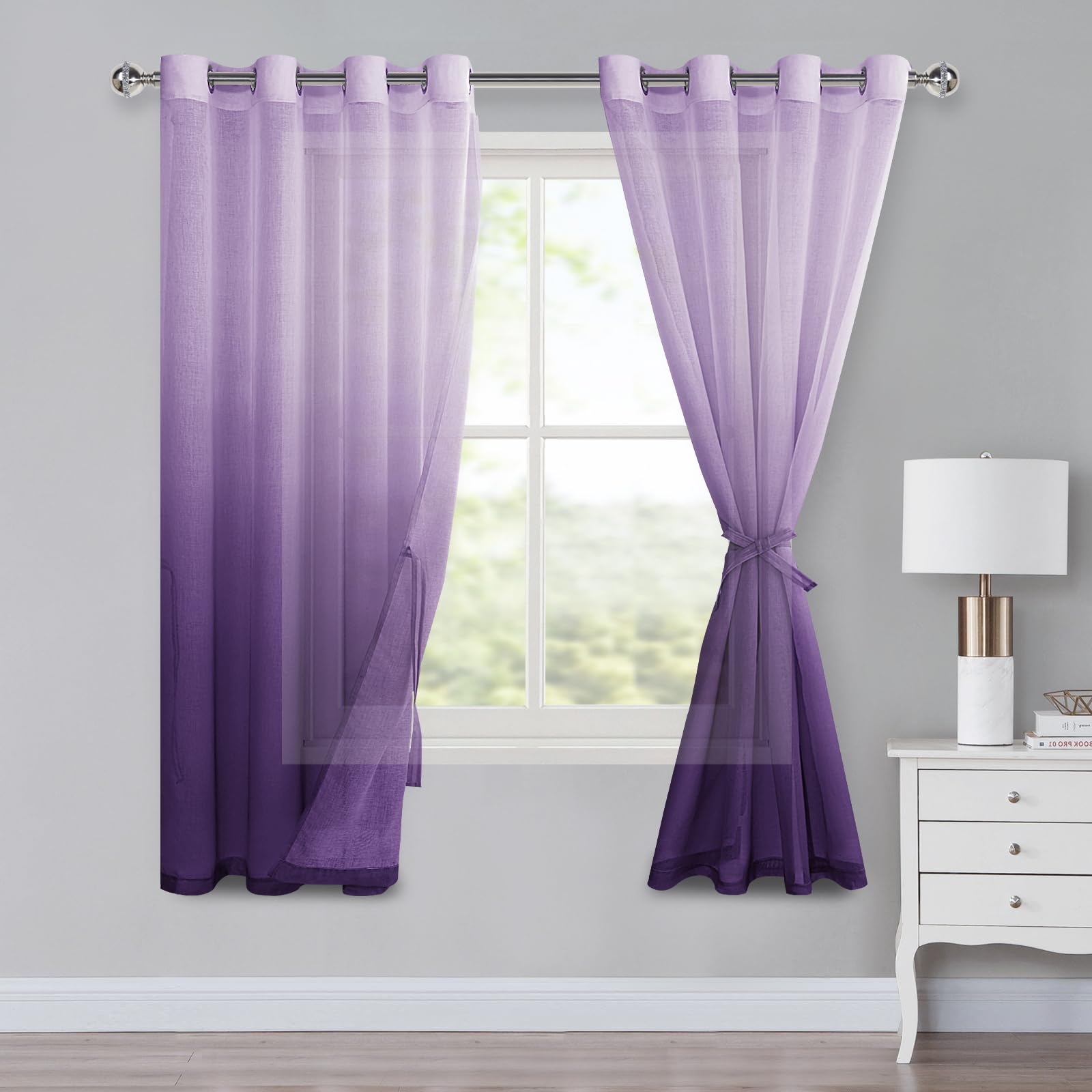 Kotile Lot De 2 Panneaux De Rideaux Transparents Violets De 213,4