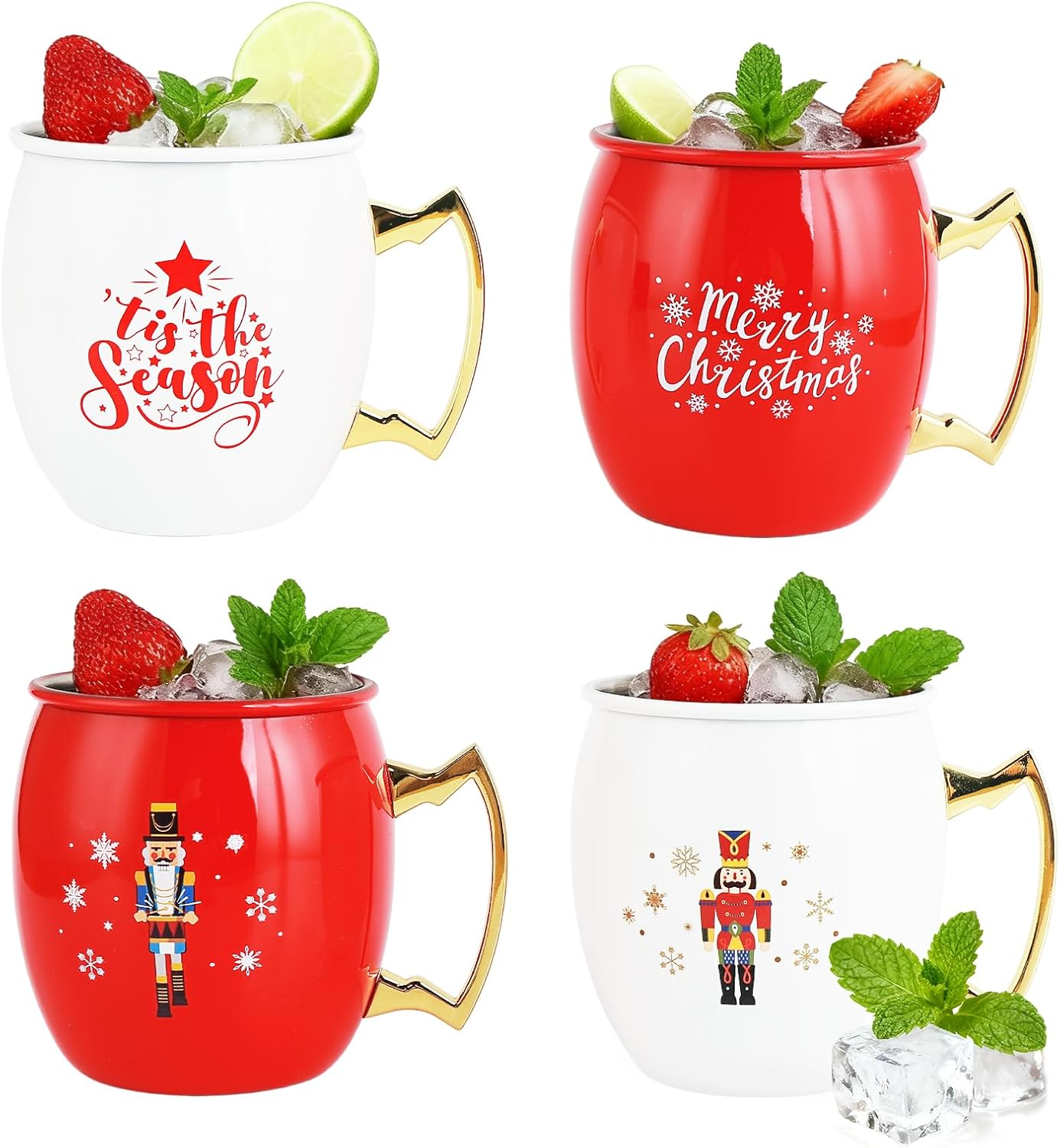 TJ Moscow Mule Mugs Set of 4, 12 oz Christmas Moscow Mule Mugs with 304 Stainless Steel Lining and Gold Brass Handles for Drinking Water & Cocktails Juice, Beer, Bars, Parties,4 color