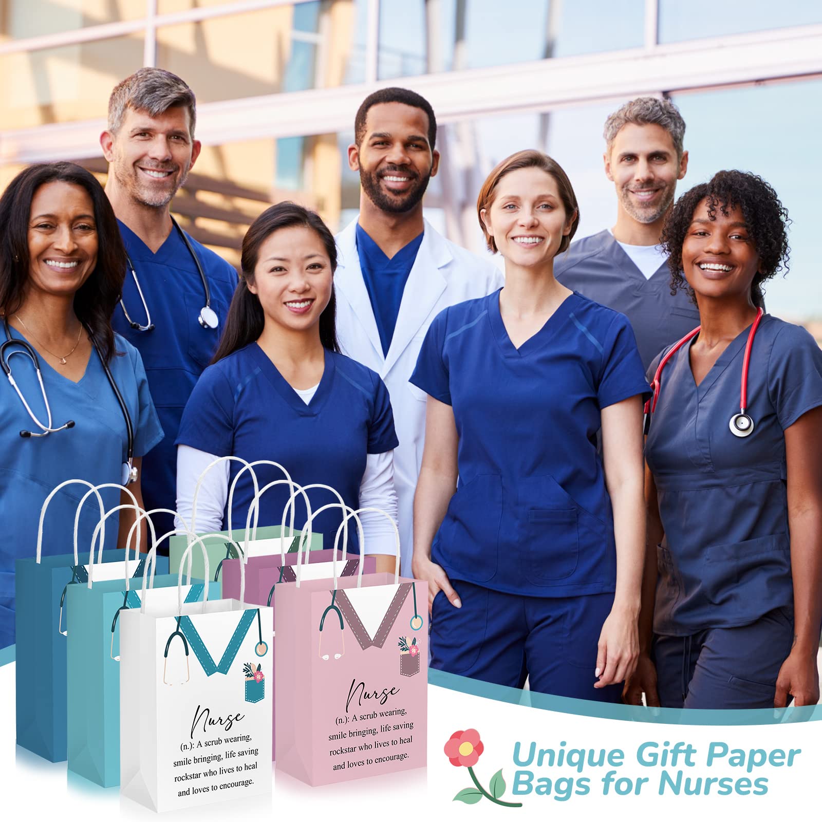 Woanger 50 Pieces Nurse Appreciation Gift Bag Bulk Nurse Week 2026 Gift Goodie Paper Bag with Handle Nursing Graduation Thank You Handbag for Lpn Assistant Cna Week Party Favor Supplies, 5 Colors
