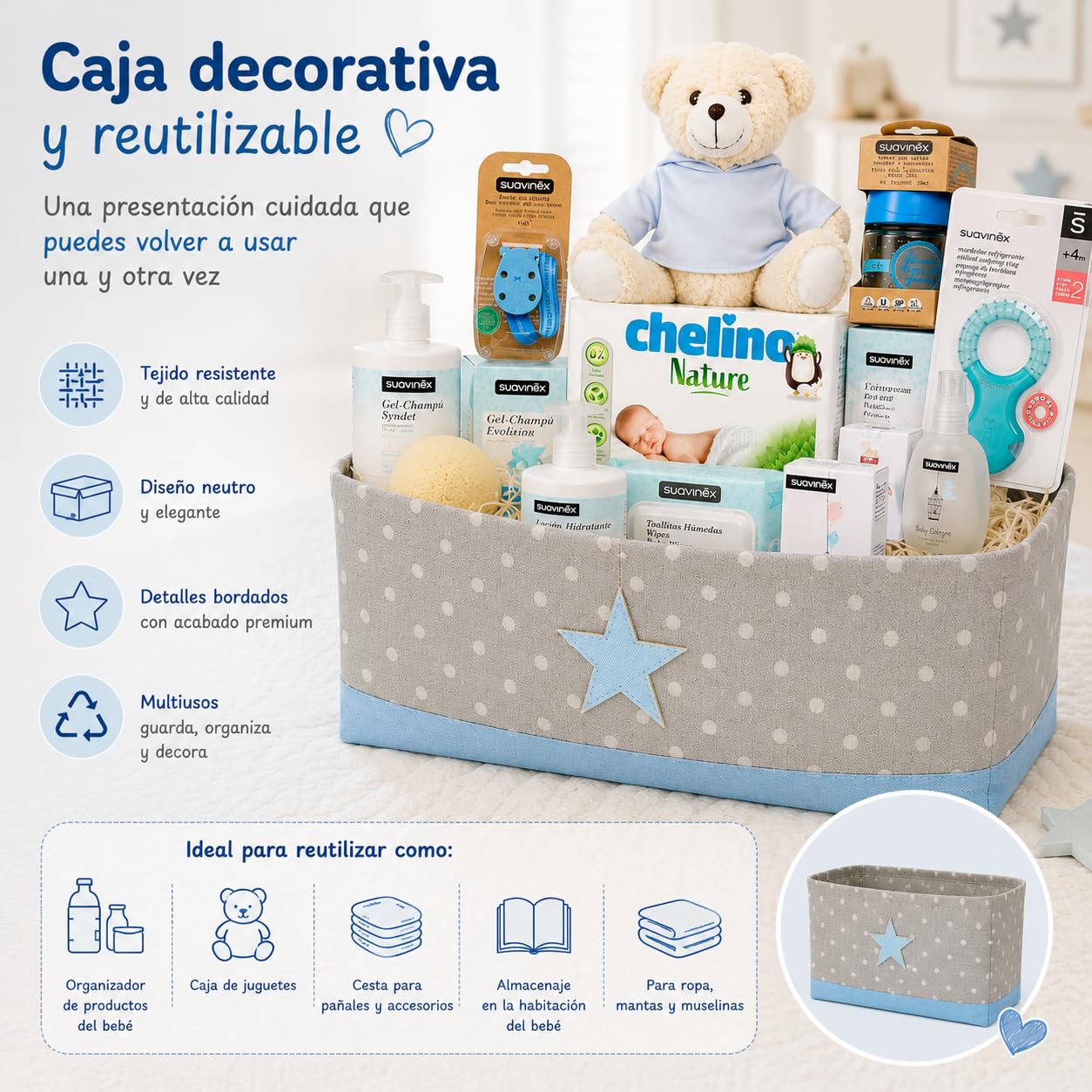 Canastilla Bebé Recién Nacido Suavinex Fantasy | Cesta Bebé Regalo con Productos para Recién Nacido | Incluye Peluche, Biberón, Chupete, Mordedor, Gel Champú, Loción, Crema y Pañales (Azul)
