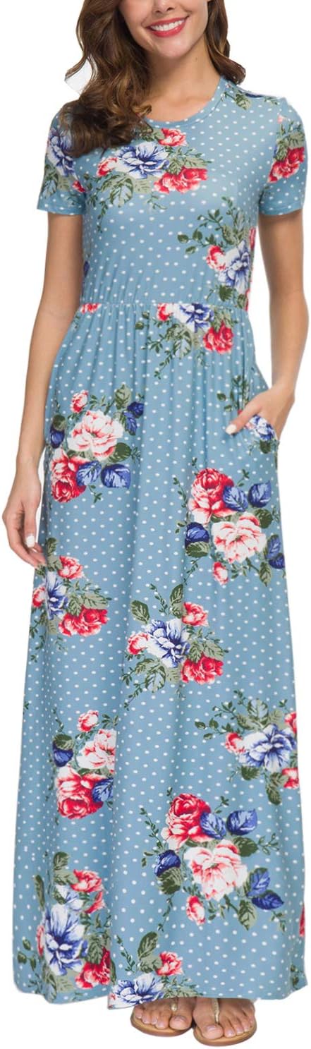 Zattcas Women's Floral Print Maxi Dresses Boho Summer Long Beach Party Dress,Light Blue,Large