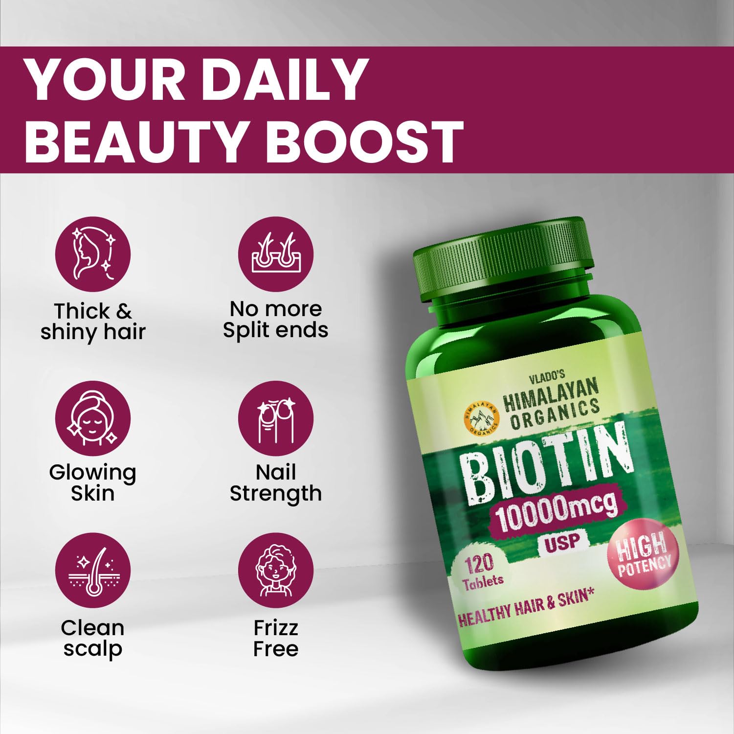Vlado's Himalayan Organics Biotin Tablets For Hair Growth | 10000 mcg Biotin Supplement | Hair Supplements for Women and Men | Hair Growth Tablets For Men & Womenn - 120 Tablets — Amazon image 7