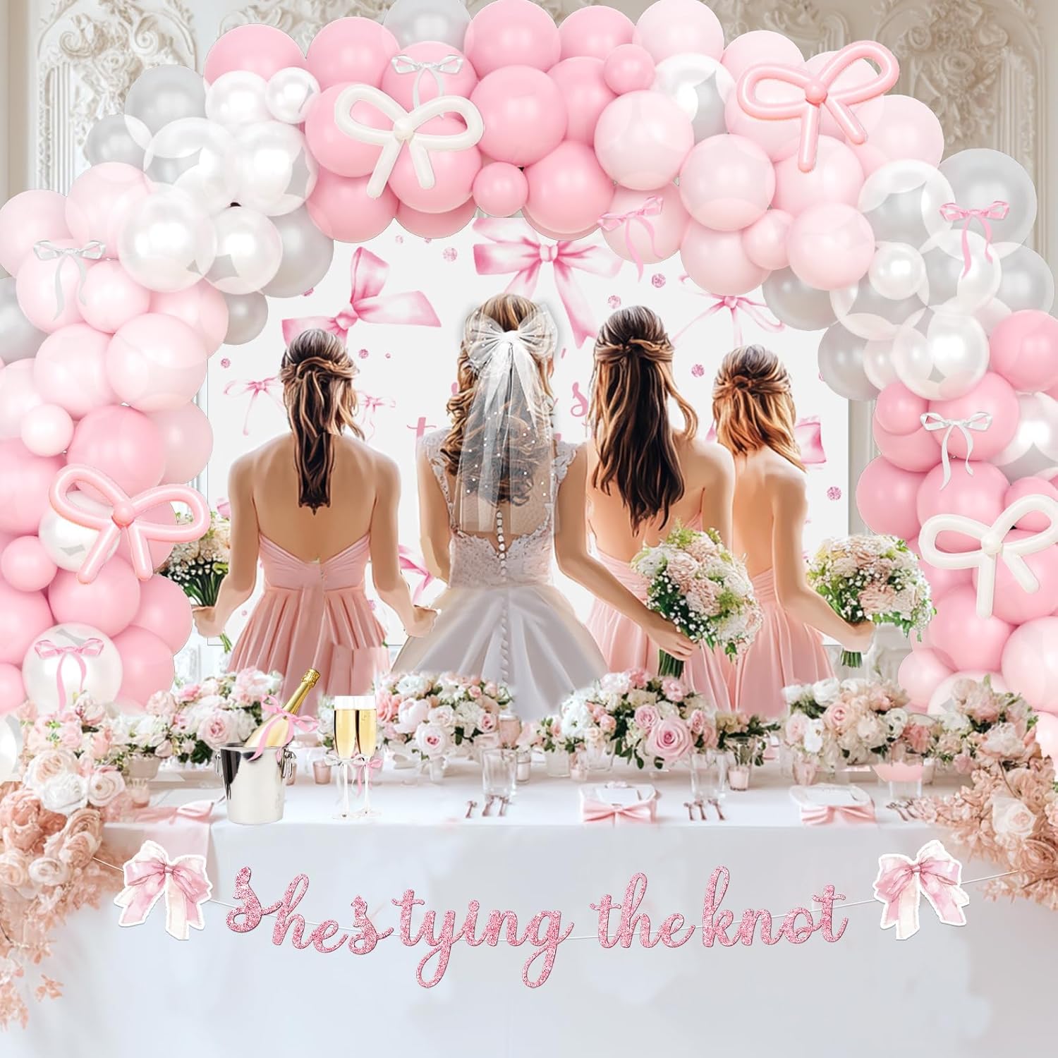 Party Inspo Shes Tying The Knot Bridal Shower Decorations – 108 PCs Pink Bow Party Supplies with Backdrop, Banner, Balloon Garland, Tablecloth, Cake Topper, Sash, Ribbon, Veil