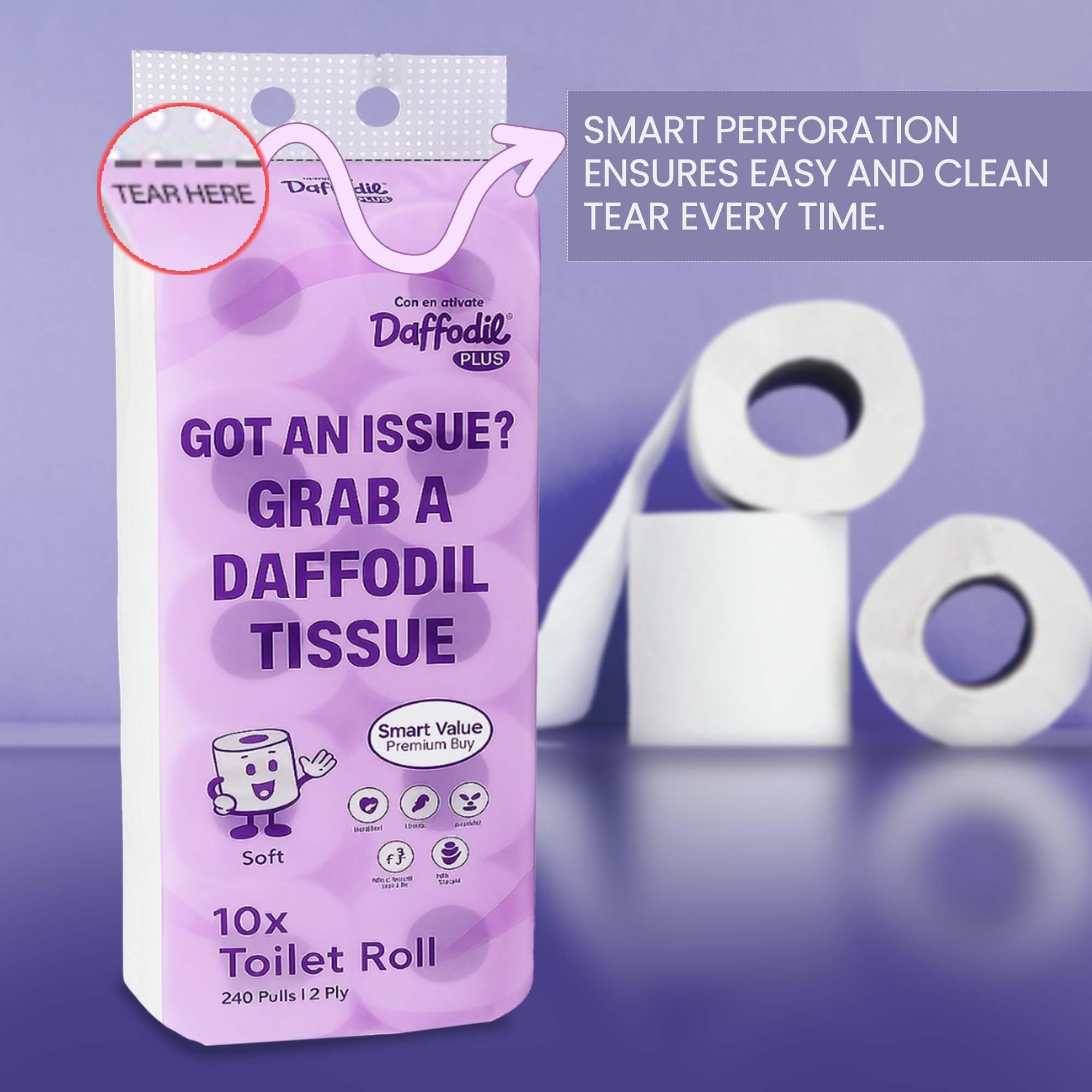 DAFFODIL 2 ply Toilet Tissue paper-10 rolls/packs (240 pulls per roll, 2400 pulls, 4800 sheets) UltraSoft Toilet Paper Roll, Strong and Long Lasting for Home or Office Use. - Image 3 thumbnail