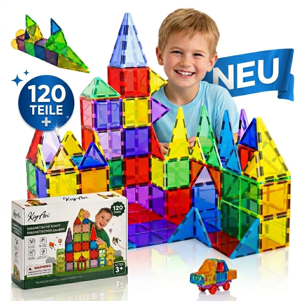 KIYARI Magnetbausteine 120 Teile – Große 7,5 cm Montessori Magnet Bausteine für Kinder ab 3 Jahren, fördern Kreativität & räumliches Denken