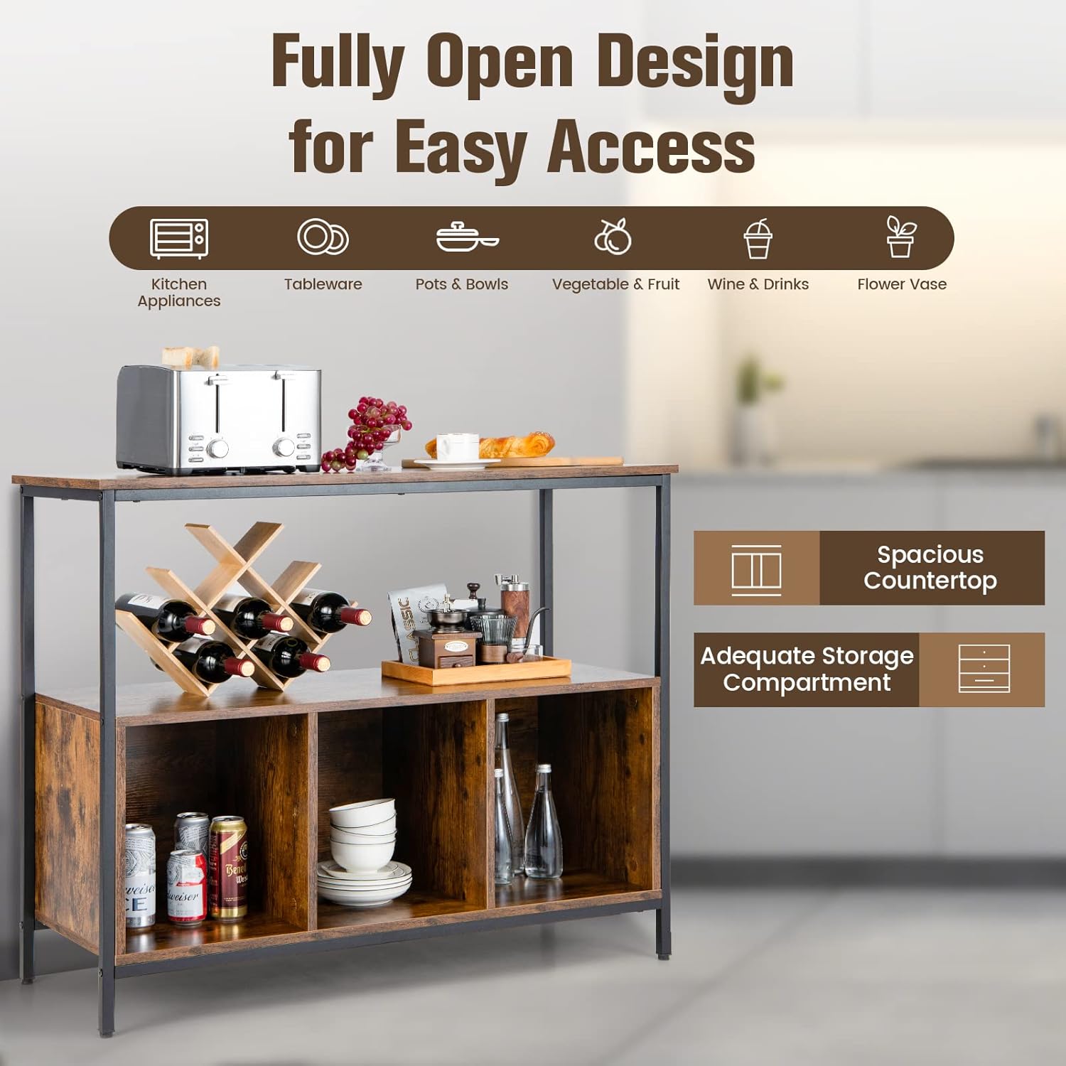 LOKO Buffet Cabinet with Open Shelves, Freestanding Kitchen Cabinet with 3-Cube Compartments, Coffee Bar Credenza Sideboard, 43.5 x 17 x 35 inches (Rustic Brown)