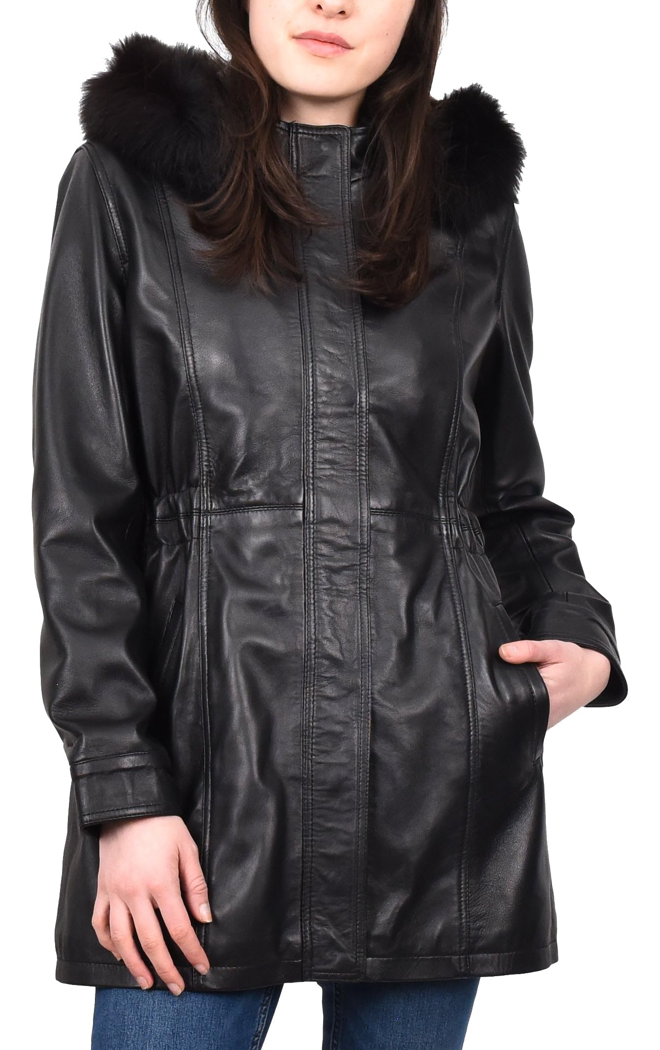 Divergent Retail Ladies Genuine Leather Detachable Hoodie Coat Parka Style Long Outerwear Black Chimene (UK, Numeric, 18, Regular, Tall, Black)