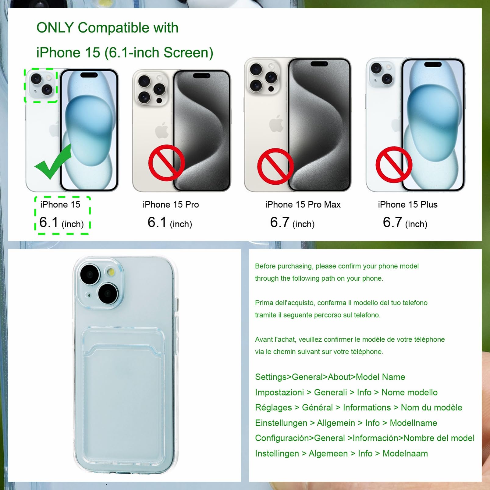 Chengyuanfeng Cover Trasparente per iPhone 15 con Porta Carte, Custodia Ultra-Sottile 1,5 mm in TPU Antigiallo Antiurto, Minimalista con Slot per 1 Carta, per Pendolari, Metro e Pagamenti Contactless
