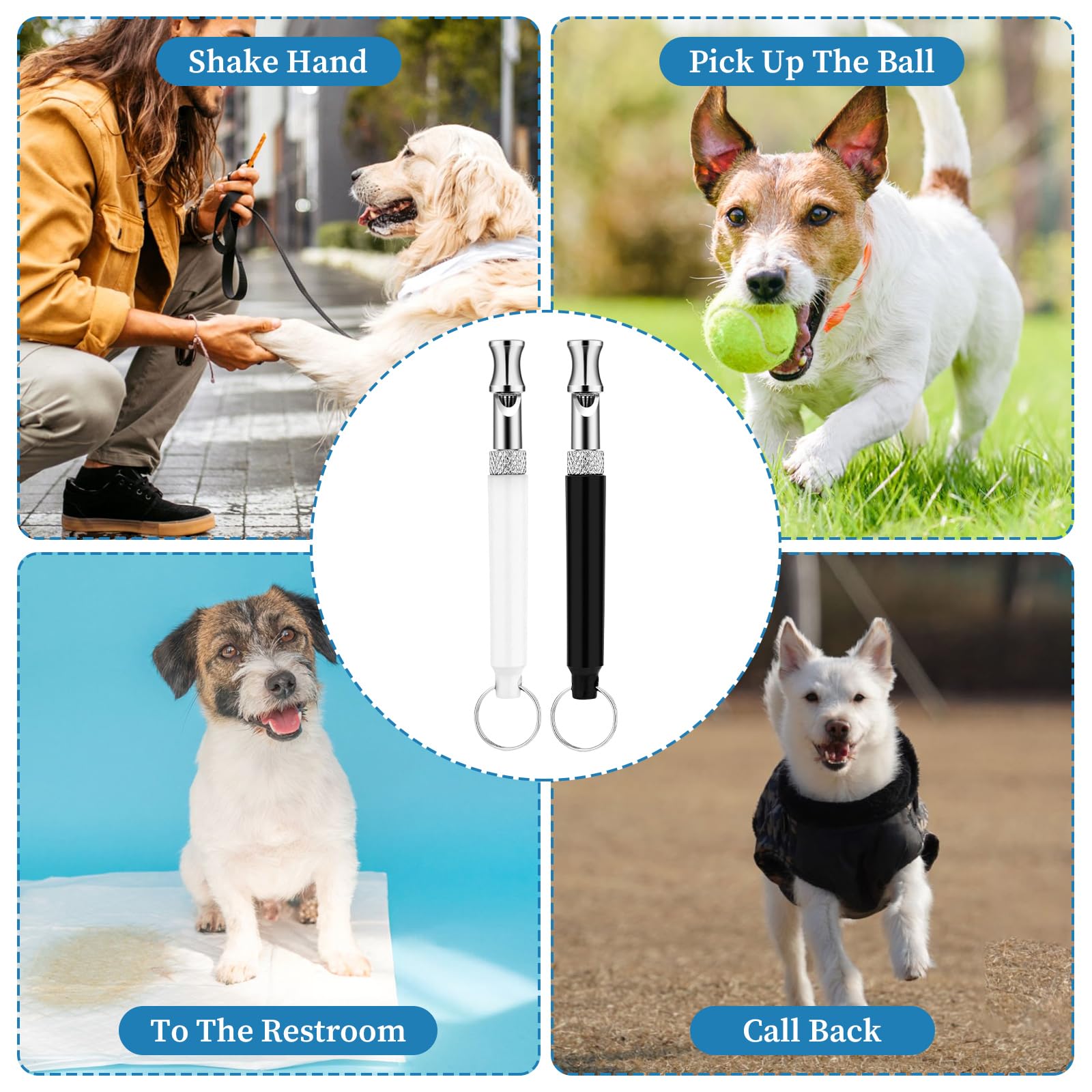 Lot de 2 sifflets professionnels pour arrêter les aboiements, sifflets professionnels de dressage de chiens avec cordon, outils de dressage à ultrasons réglables noir et blanc pour arrêter les