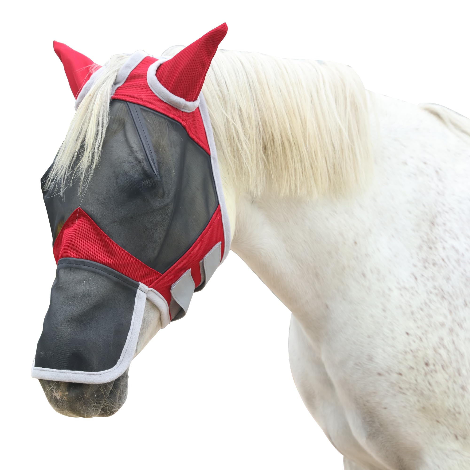 Gallopoff Horse Fly Mask with Ears & Long Nose Cover | Forelock Opening for Tangle-Free Mane Care | UV Protection & Breathable Mesh | No Rub Fit and Enhanced Visbility for Trail Riding Red Full