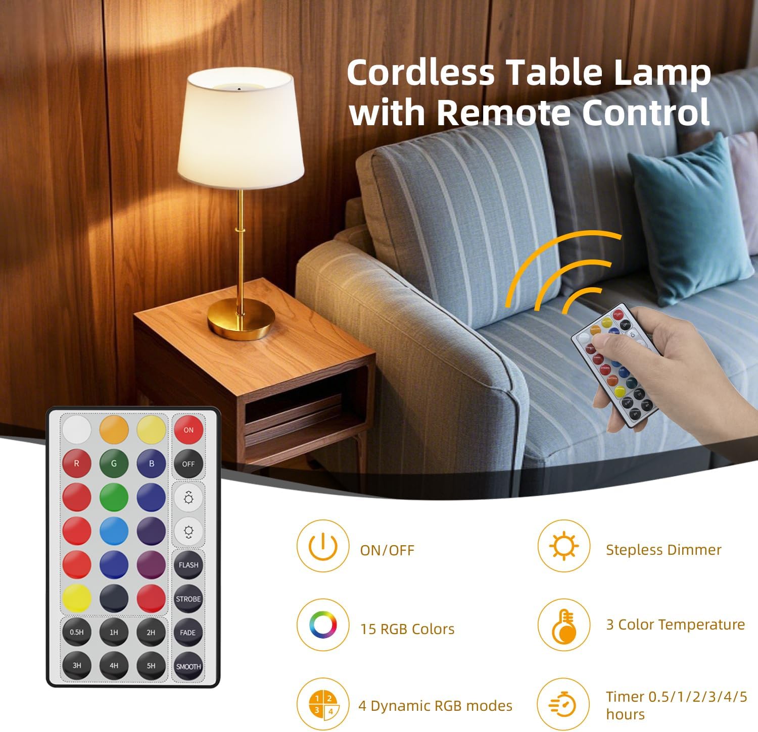 Cordless Table Lamp, 5000mAh Rechargeable Desk Lamp with Dimmable Magnetic RGB Bulbs & Remote, Battery Operated Small Wireless Lamp for Bedside, Dining Table, Kitchen Counter, Living Room