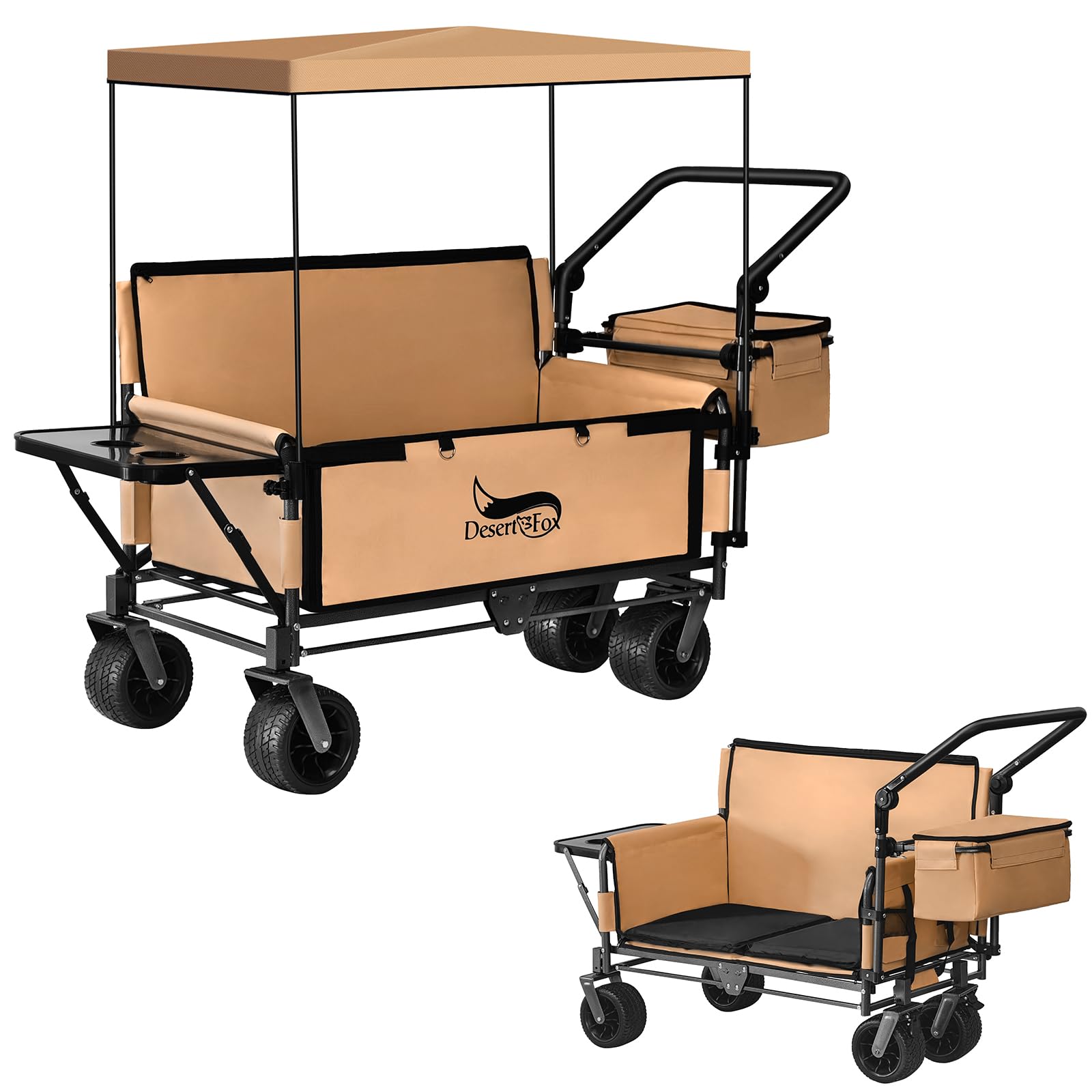 Amazon | DesertFox キャリーワゴン キャリーカート 【10CM極太タイヤ·ブレーキ付】 3WAY キャンプ 椅子 子供用ソファ  取り外し可能屋根付き 防雨・防雪&折りたたみ式物置台&クーラーボックス付き 静音 大容量 耐荷重200kg コンパクト 折り畳み ワンタッチ収束型  キャンプ ...