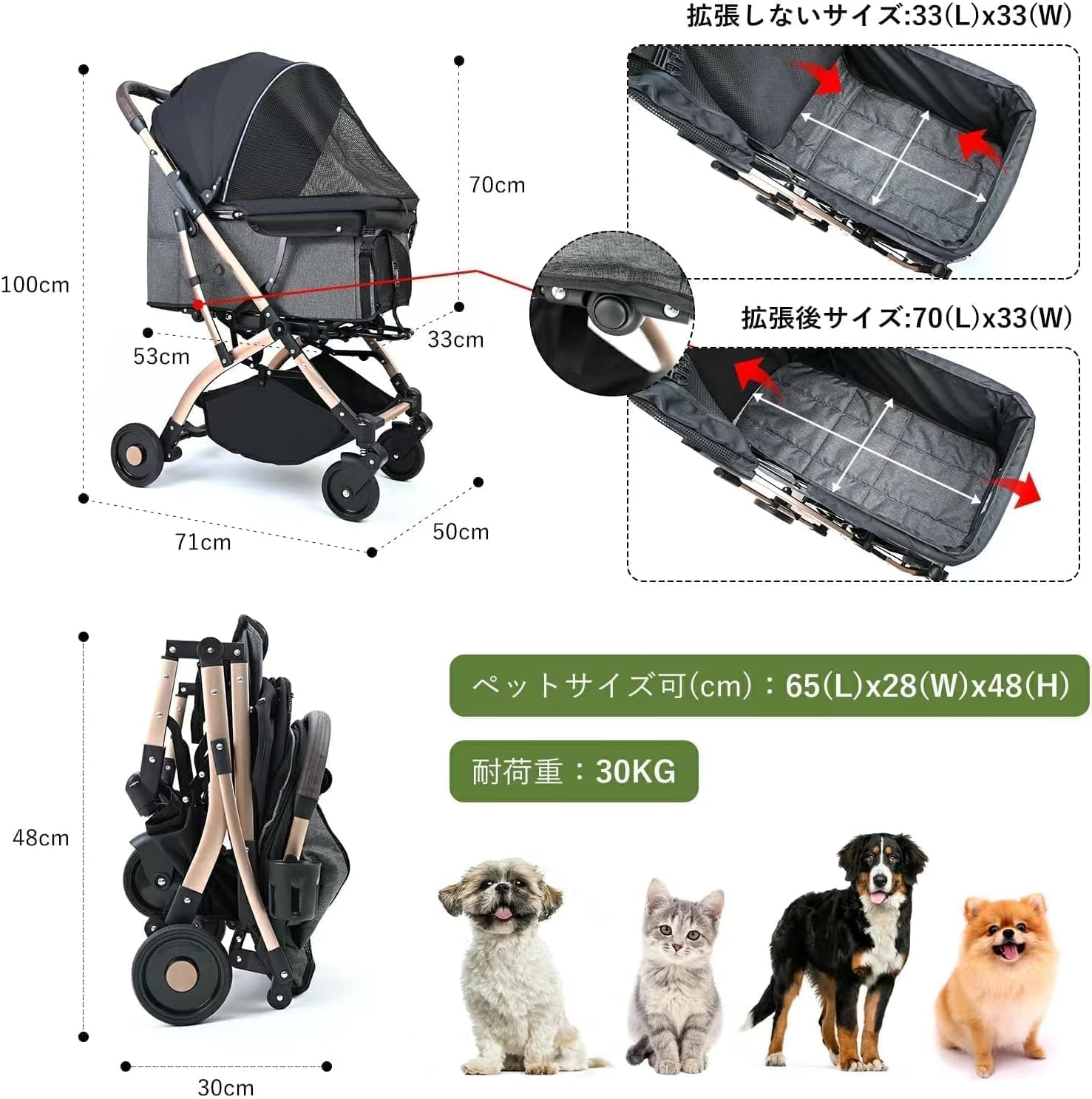 ペットカート アルミ製 分離式 取り外し可能 折りたたみ 多頭 中型犬