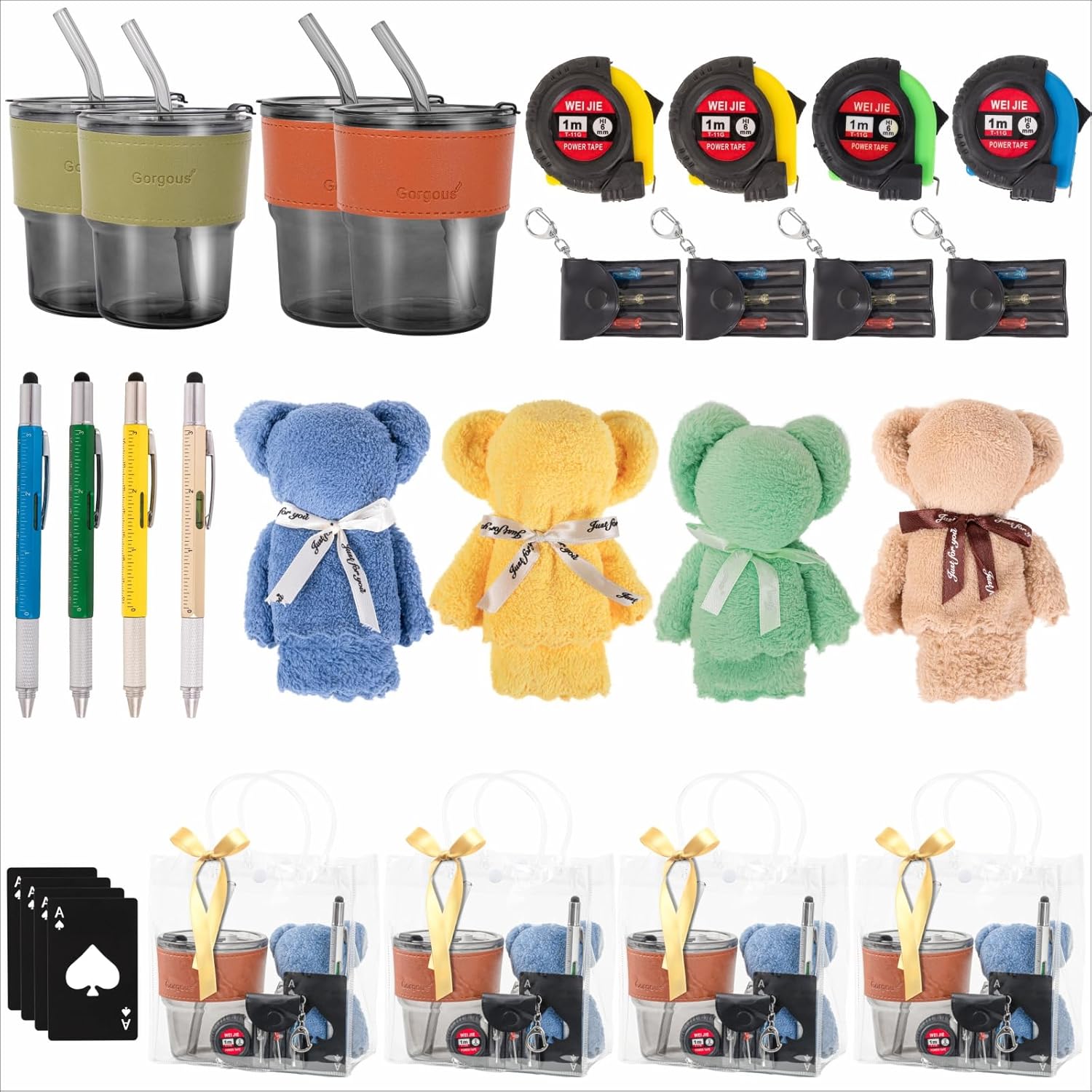 Baby Shower Prizes for Men with Cleaning Cloth Bottle Opener Screwdriver Tape Measuring Keychain Multi Tool Pen Funny and Useful Prizes for Party Game Winners (Black, Set of 6)