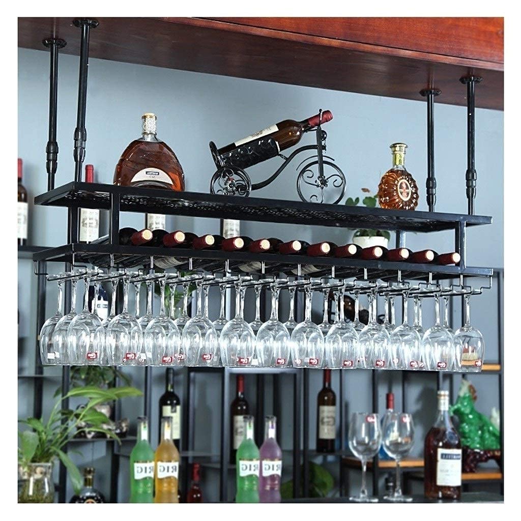 Casier à vin suspendu noir 60x30cm avec porte-verre à deux étages pour bar maison