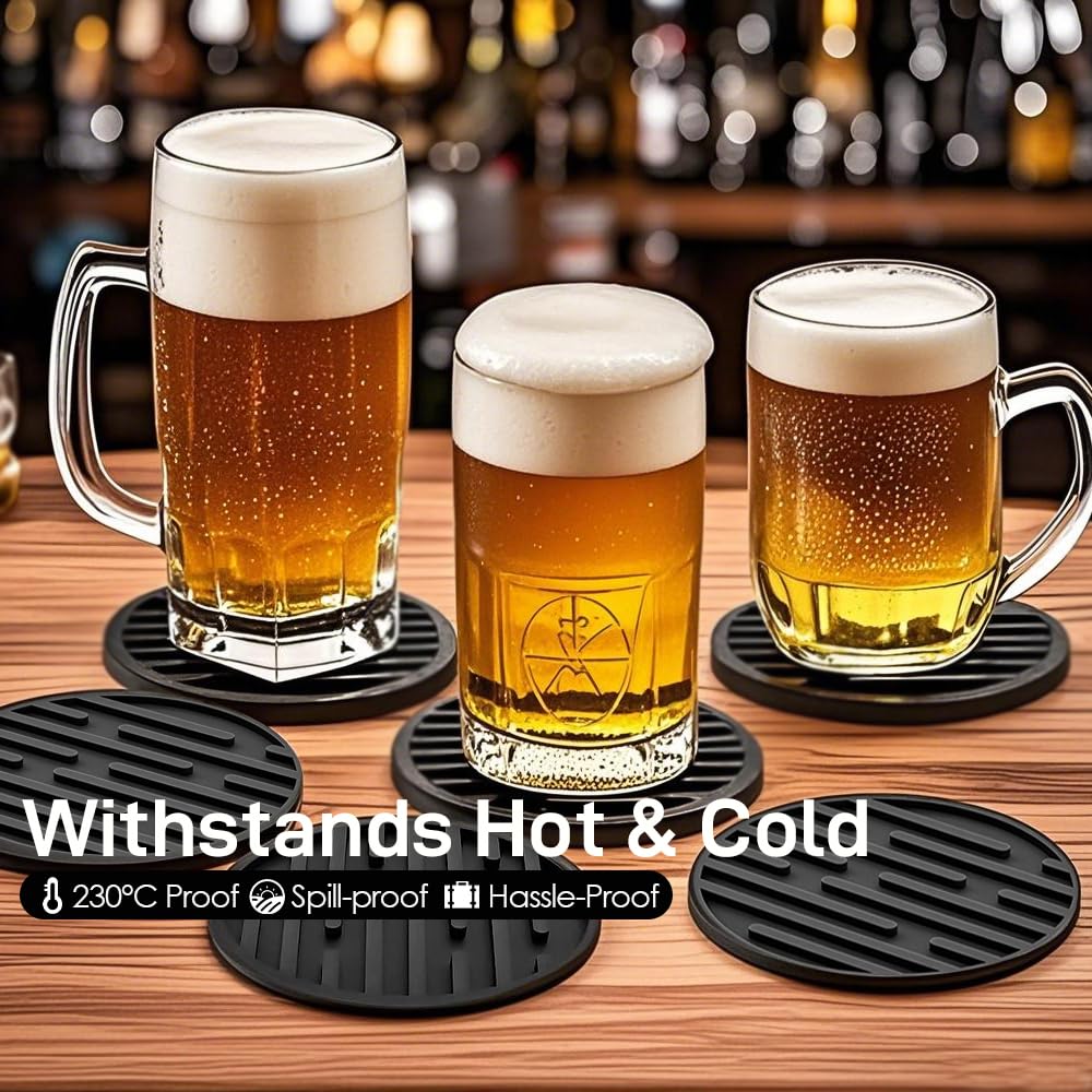 Posavasos Juego, Redondo Antideslizante Portavasos con Soporte, Silicone Coasters para Taza, Mesa, café, Bar, Bebidas, Drinking Coasters Cup Mat, 6 Piezas, Negro
