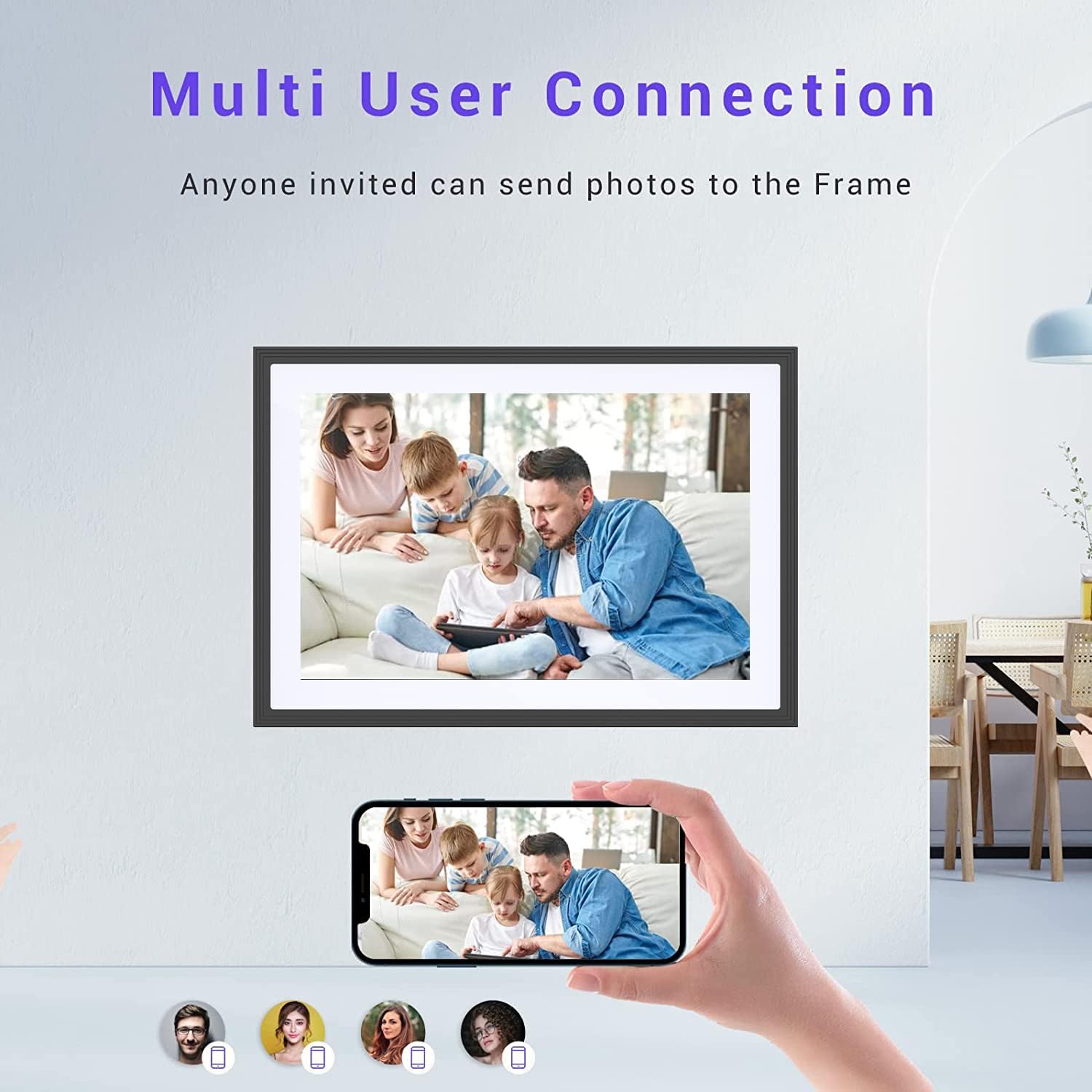 Image showing a digital photo frame displaying a family photo, with multiple user icons below, indicating multi-user connection for sharing.