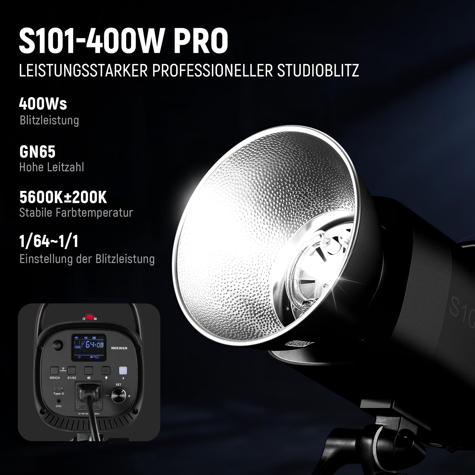 NEEWER 800Ws Studio Monolight Strobe Flash Set: 2er Pack S101-400W PRO 5600K Blitzlicht Studio mit 2,4G Auslöser/150W Einstelllampe/Bowens Mount/Softboxen/Ständer/Reflektor/Tasche, kompatibel mit QPRO