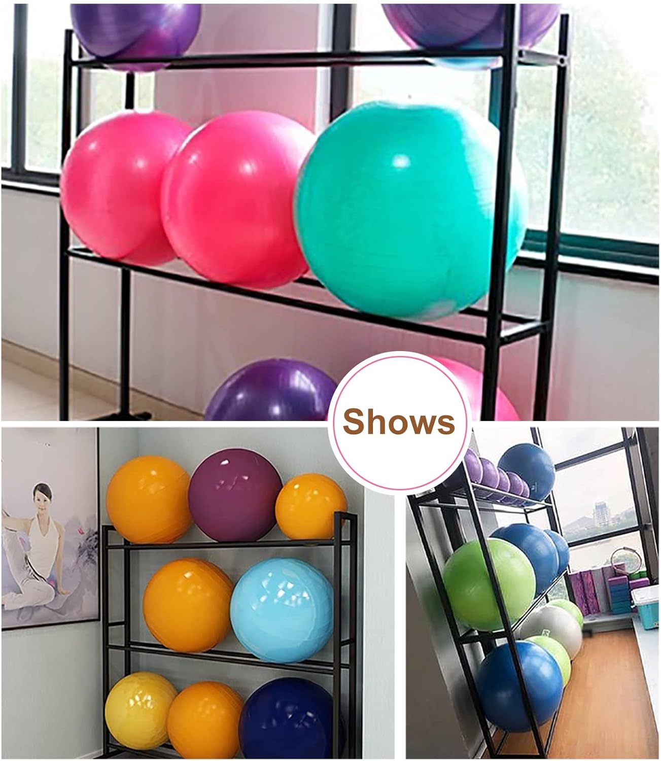 Indoor Balls Display Stand Yoga Mat Holder Metal Yoga Ball Storage Holders for Commercial Gym, Black Balance Ball Racks with All Mounting Accessories, for School Fitness Room Classroom ()