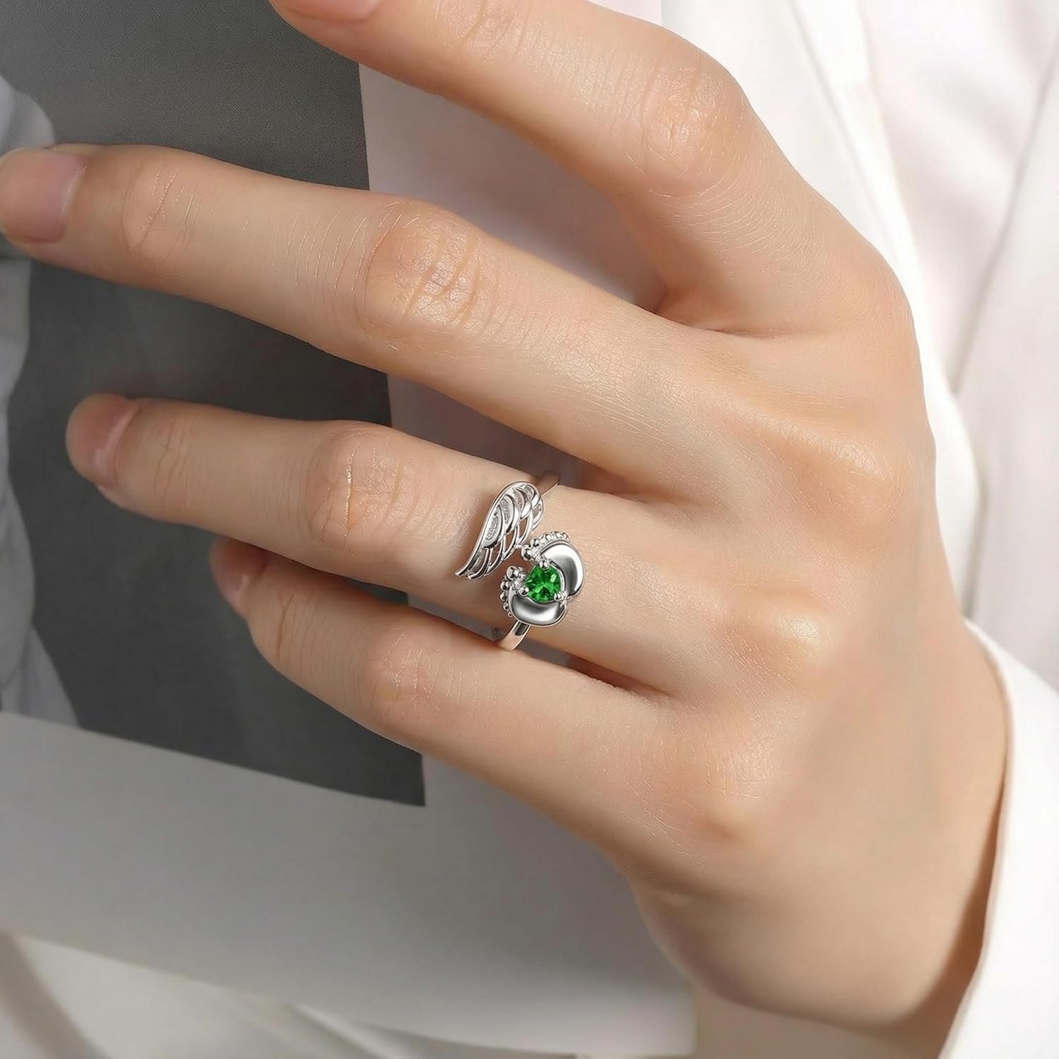 Personalized Miscarriage Ring 925 Sterling Silver Angel Wing Baby Footprint Custom Name Birthstone Ring for Loss of Baby Memorial Jewelry Gifts for Women