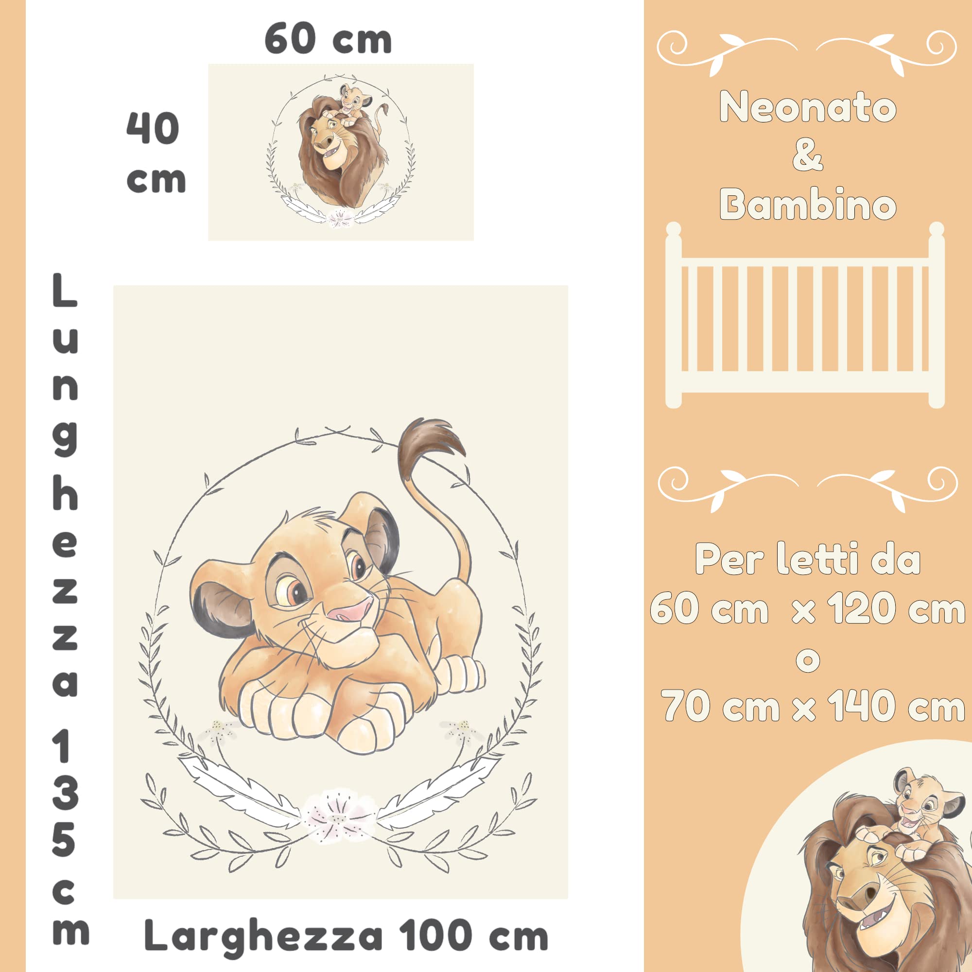 Copripiumino singolo per bambino Simba Il Re Leone 100 x 135 cm e federa 40 x 60 cm | lenzuola per materasso da 60x120 a 70x140 cm | Biancheria da letto 100% cotone